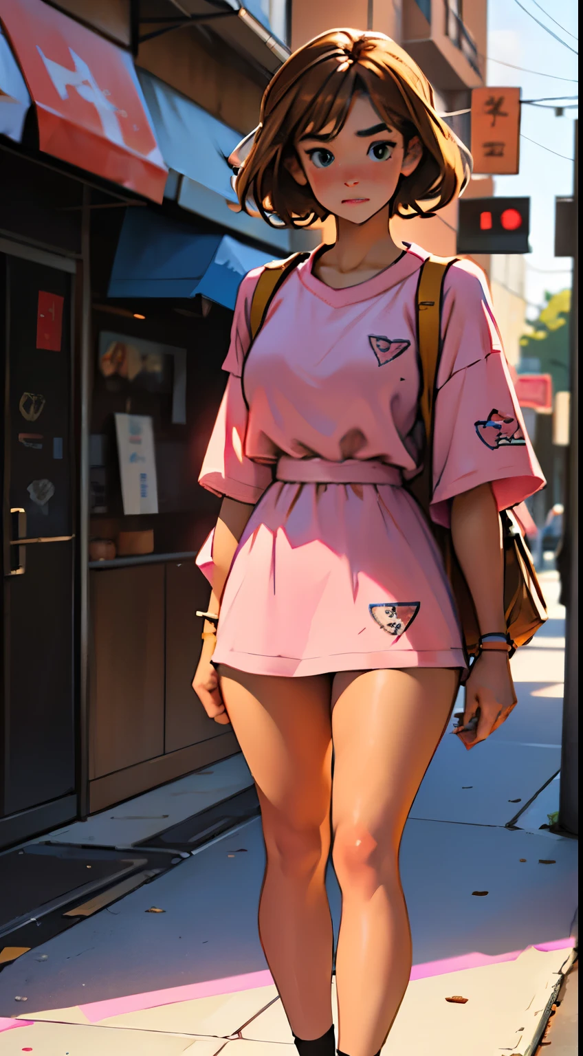 {{age female, caucasian}}, looking at viewer, hazel eyes, extremely detailed, brown hair, pink clothes, bully, mean girl, tough girl, , bruises, scars, happy, best quality, high quality, extremely detailed anime screencap, full body