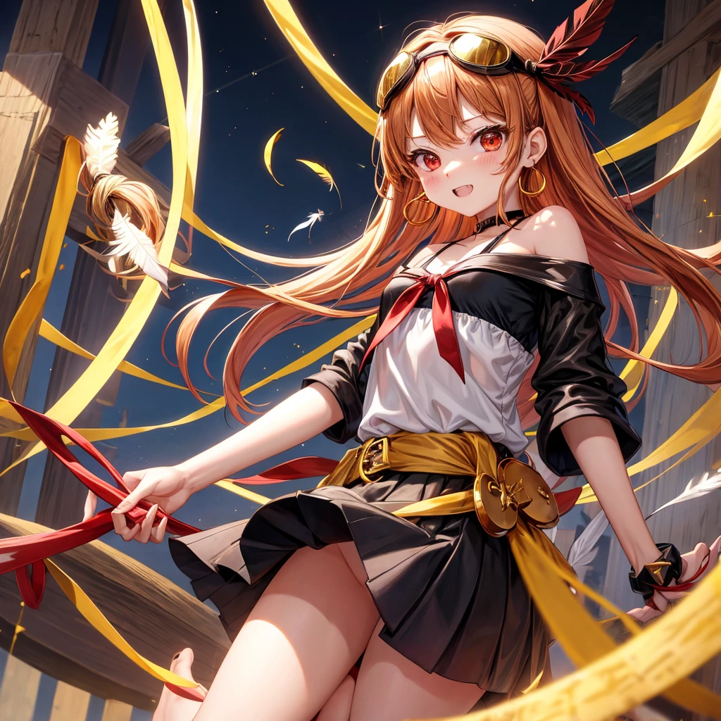 Brown, red, gold, golden hair、Red eyes、One good looking girl、solo、anime、Checkered mini skirt、Black camisole、Black T-shirt、hoodie、Wearing a ribbon、Ribbon on waist、Crystal Earrings、treasure石のネックレス、Light and shadow、Tilting face、Teeth are visible、Marble pillar、The floor is reflecting、Kind Face、Kuroko、treasure、wearing goggles on head、Feather coat