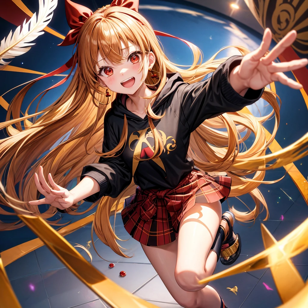 Brown, red, gold, golden hair、Red eyes、One good looking girl、solo、anime、Checkered mini skirt、Black camisole、Black T-shirt、hoodie、Wearing a ribbon、Ribbon on waist、Crystal Earrings、treasure石のネックレス、Light and shadow、Tilting face、Teeth are visible、Marble pillar、The floor is reflecting、Kind Face、Kuroko、treasure、wearing goggles on head、Feather coat