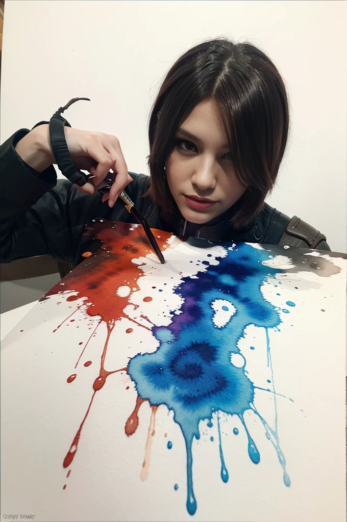 realistic photo of Ada1 (destiny2), ink splash, colorful, watercolor