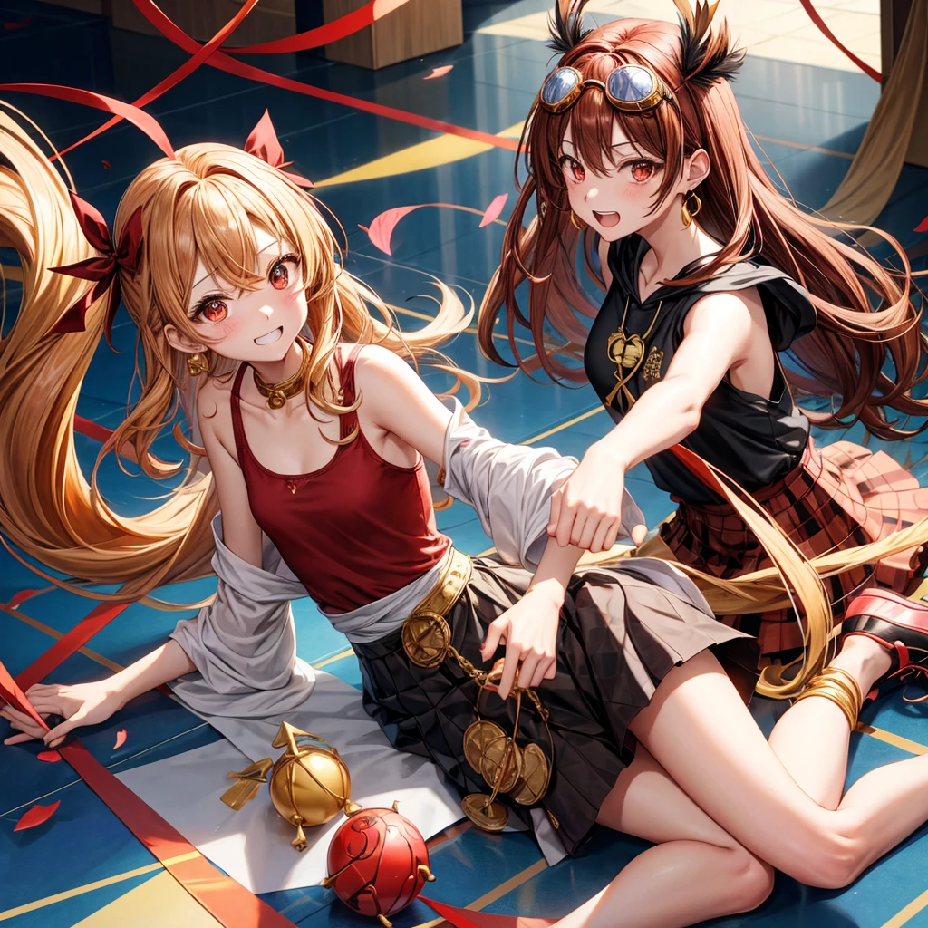 Brown, red, gold, golden hair、Red eyes、One good looking girl、solo、anime、Checkered mini skirt、Black camisole、Black T-shirt、hoodie、Wearing a ribbon、Ribbon on waist、Crystal Earrings、treasure石のネックレス、Light and shadow、Tilting face、Teeth are visible、Marble pillar、The floor is reflecting、Kind Face、Kuroko、treasure、wearing goggles on head、Feather coat