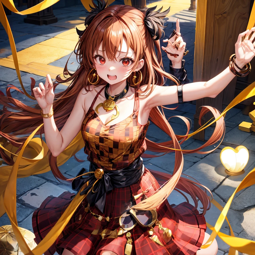 Brown, red, gold, golden hair、Red eyes、One good looking girl、solo、anime、Checkered mini skirt、Black camisole、Black T-shirt、hoodie、Wearing a ribbon、Ribbon on waist、Crystal Earrings、treasure石のネックレス、Light and shadow、Tilting face、Teeth are visible、Marble pillar、The floor is reflecting、Kind Face、Kuroko、treasure、wearing goggles on head、Feather coat