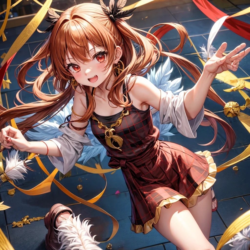 Brown, red, gold, golden hair、Red eyes、One good looking girl、solo、anime、Checkered mini skirt、Black camisole、Black T-shirt、hoodie、Wearing a ribbon、Ribbon on waist、Crystal Earrings、treasure石のネックレス、Light and shadow、Tilting face、Teeth are visible、Marble pillar、The floor is reflecting、Kind Face、Kuroko、treasure、wearing goggles on head、Feather coat
