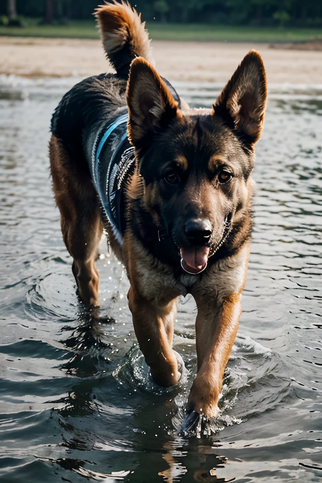 A realistic photo of a German Shephard dog playing in water