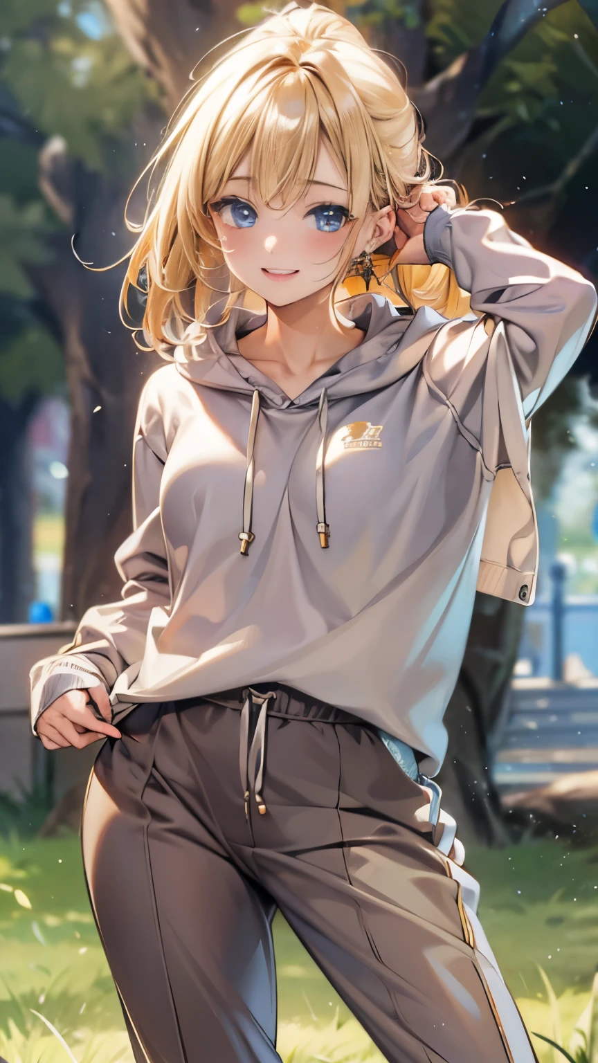 This magical sight、first、This is a masterpiece drawn in ultra-high resolution 8K quality.。The scene is filled with photorealism and HDR brilliance.、Cinematic lighting enhances the portrait of a beautiful woman。She exudes a mature charm.、Standing in contrapposto pose、He has one hand on his head and is looking at the viewer.。Behind her is a meadow、Her medium-length blonde hair flutters in the wind.。She has a cheerful smile、Wearing a hoodie and jogger pants。