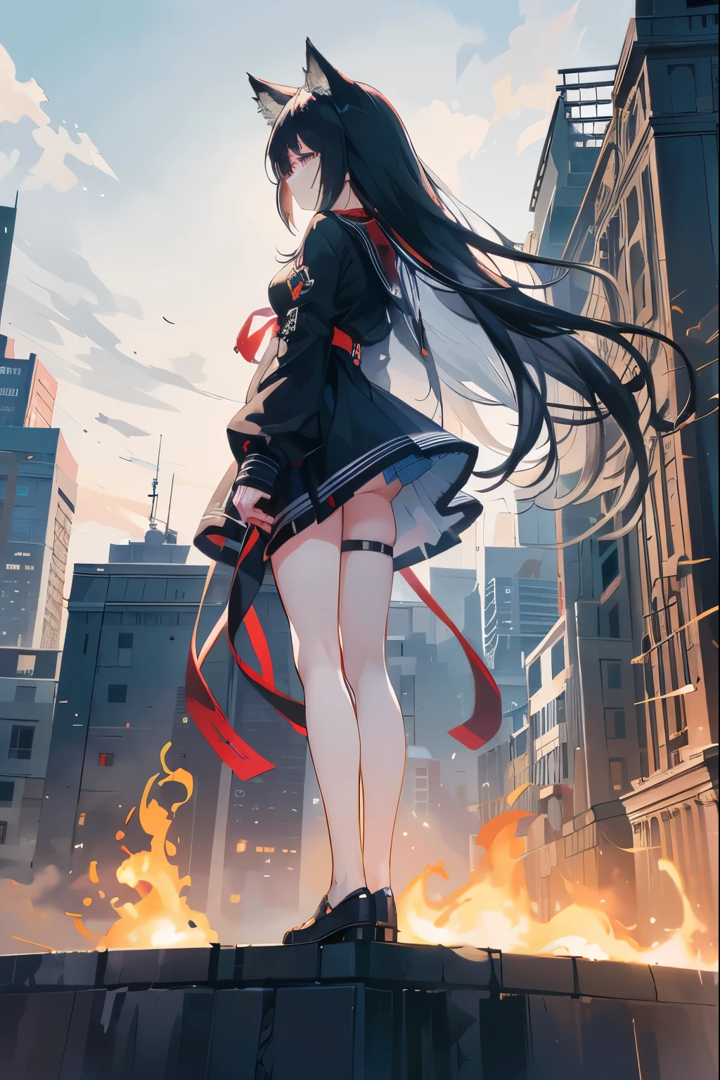 {{masterpiece}}, best quality, Extremely detailed CG unified 8k wallpaper,Black-haired girl with cat ears,Standing on a tall building,Facing the sun,Hair flowing in the wind,There is a small ball of flame at the fingertips