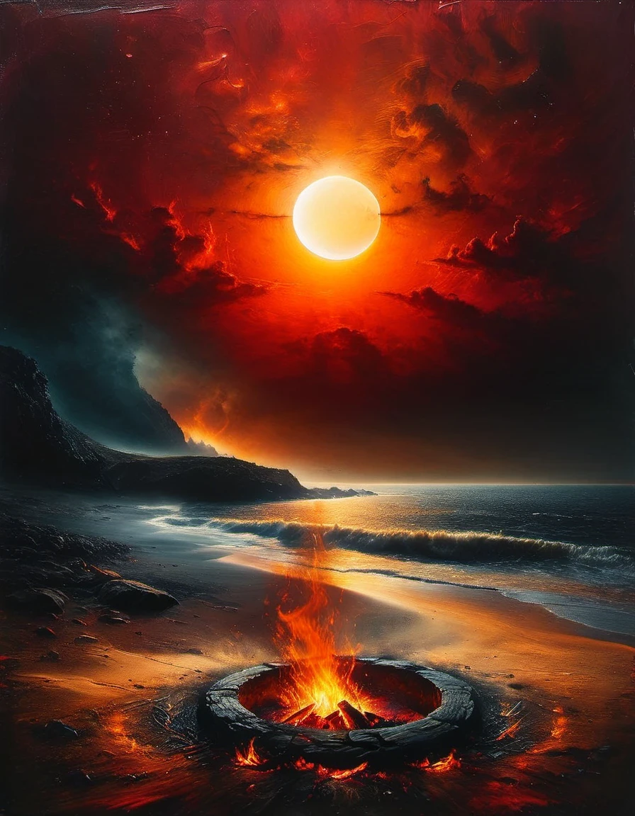 Horizon Low eclipse of the sun, Small fire just lit, night, firelight, close-up, fine quality, 32K ,warm inviting colors, campfires, seaside, wonder and awe, magical nights, National Geographic style night photography
