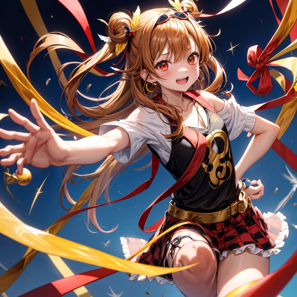 Brown, red, gold, golden hair、Red eyes、One good looking girl、solo、anime、Checkered mini skirt、Black camisole、Black T-shirt、hoodie、Wearing a ribbon、Ribbon on waist、Crystal Earrings、treasure石のネックレス、Light and shadow、Tilting face、Teeth are visible、Marble pillar、The floor is reflecting、Kind Face、Kuroko、treasure、wearing goggles on head、Feather coat