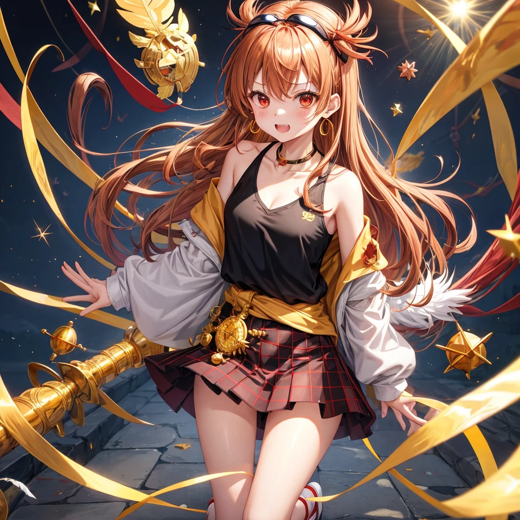 Brown, red, gold, golden hair、Red eyes、One good looking girl、solo、anime、Checkered mini skirt、Black camisole、Black T-shirt、hoodie、Wearing a ribbon、Ribbon on waist、Crystal Earrings、treasure石のネックレス、Light and shadow、Tilting face、Teeth are visible、Marble pillar、The floor is reflecting、Kind Face、Kuroko、treasure、wearing goggles on head、Feather coat