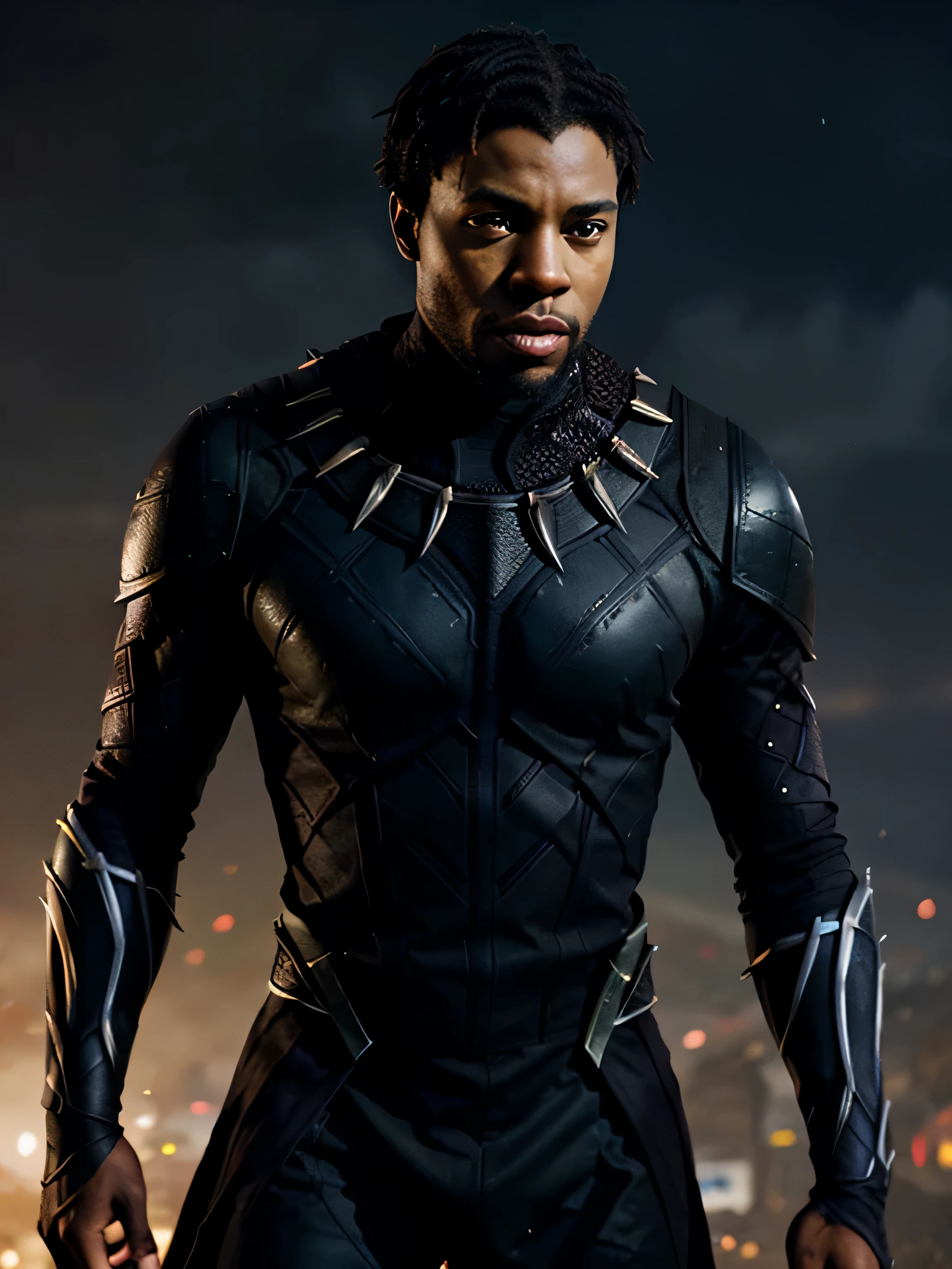 A stylized portrait of King T'Challa in Black Panther suit against a Wakanda city skyline, with dramatic lighting and a futuristic look