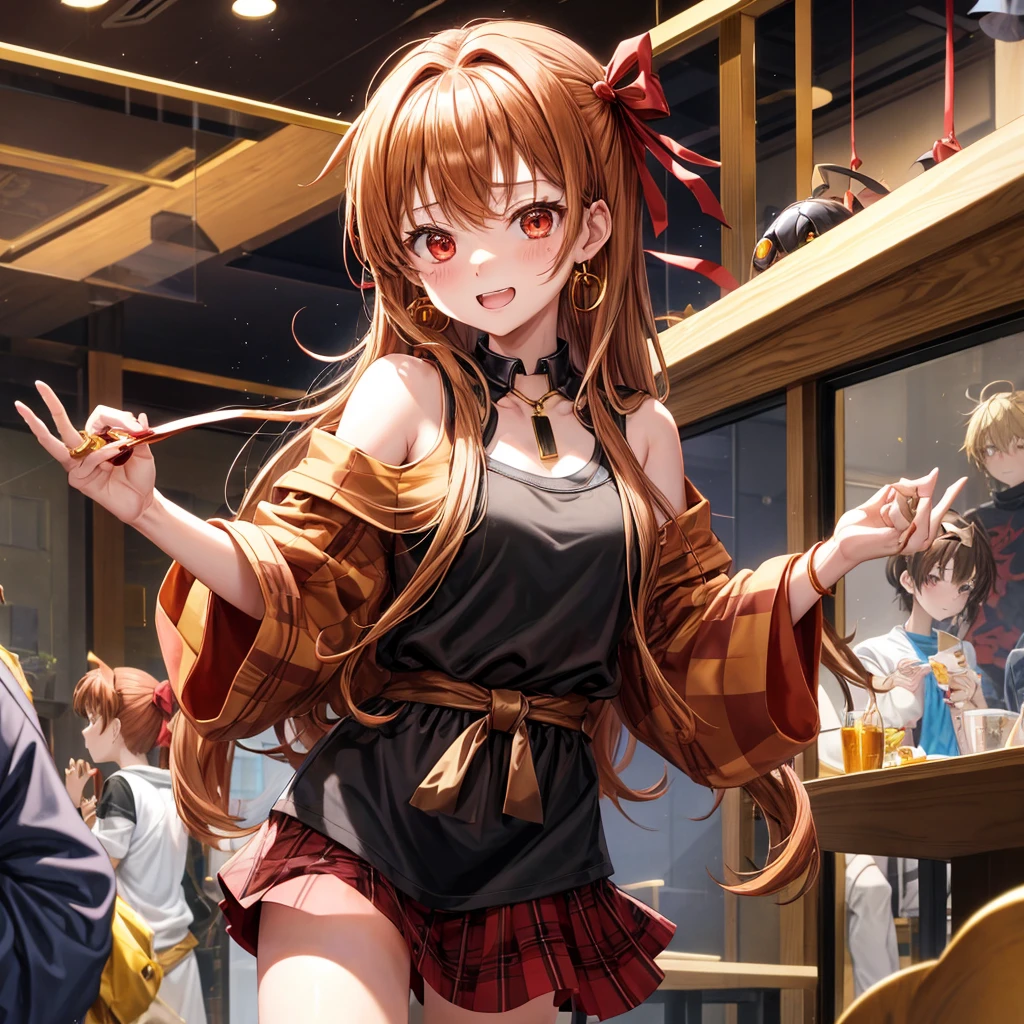 Brown, red, gold, golden hair、Red eyes、One good looking girl、solo、anime、Checkered mini skirt、Black camisole、Black T-shirt、hoodie、Wearing a ribbon、Ribbon on waist、Crystal Earrings、treasure石のネックレス、Light and shadow、Tilting face、Teeth are visible、Marble pillar、The floor is reflecting、Kind Face、Kuroko、treasure、wearing goggles on head、Feather coat