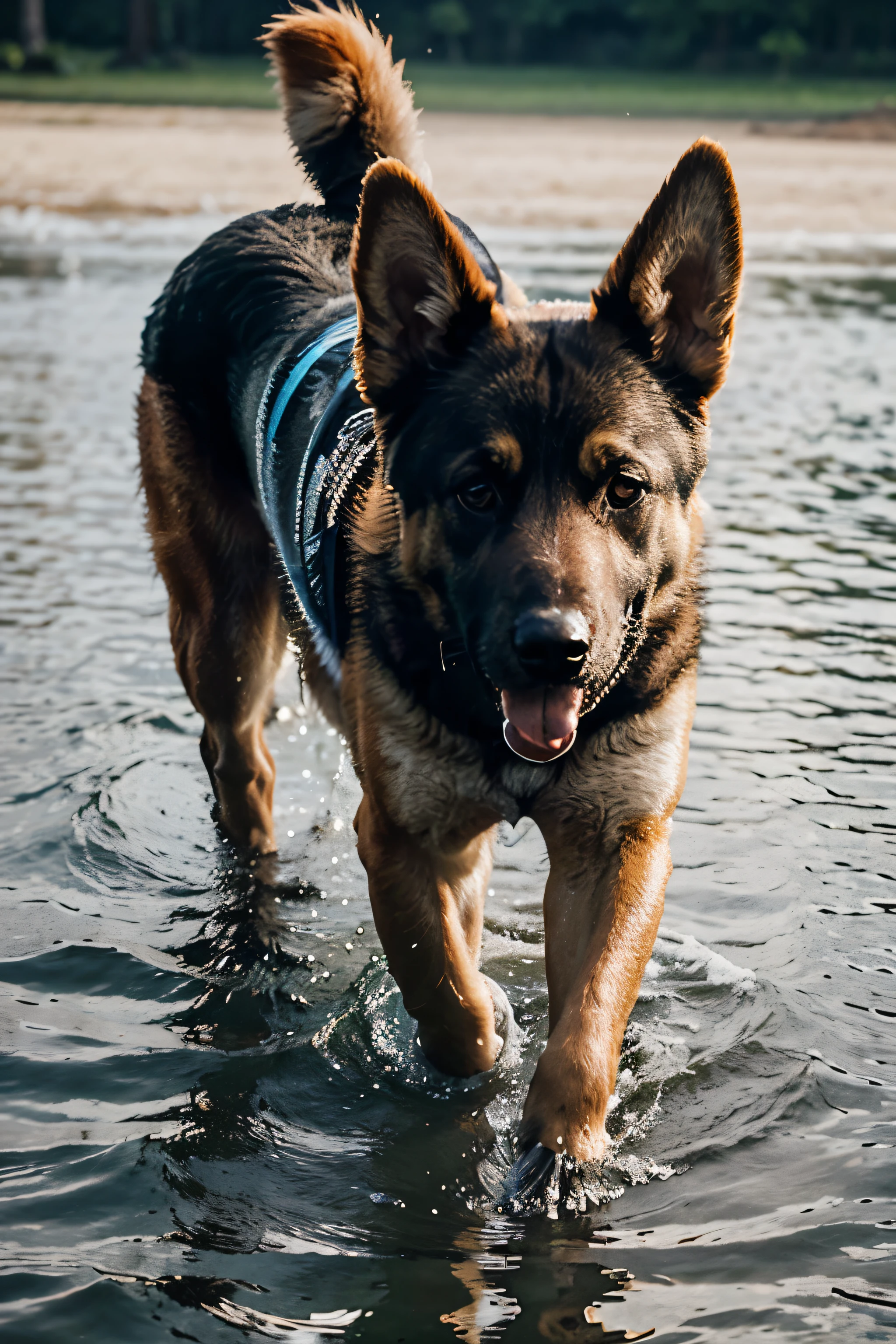 A realistic photo of a German Shephard dog playing in water