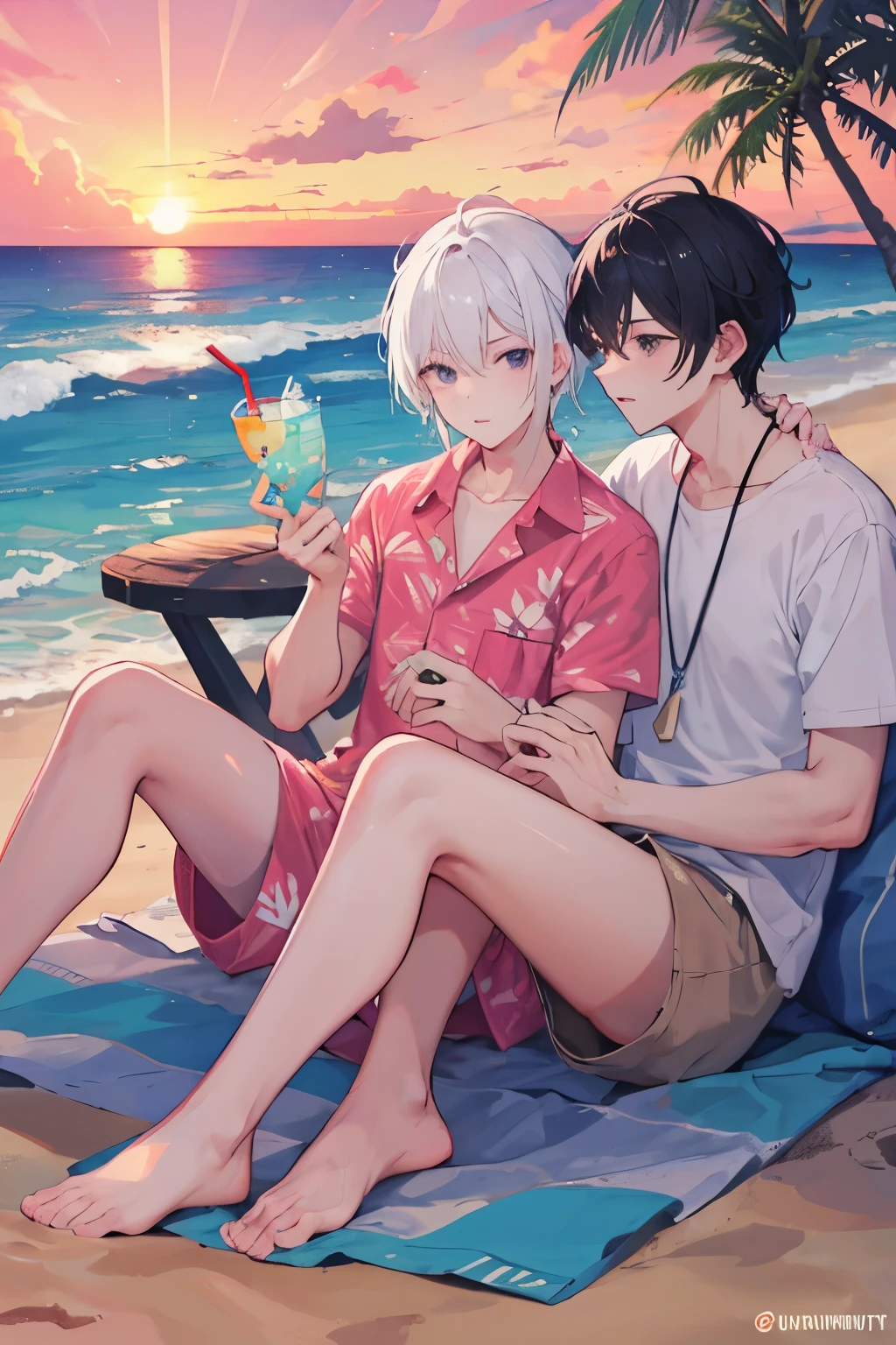 ((Best quality)), ((masterpiece)), (detailed), perfect face, 3 men, hawaiian shirts, coconut drinks in hands, Man with white hair, Man with black hair, man with purple hair, joy, beach, rest, Hawaii, sea, Sun, sand, palm trees, Pink sunset, Gays, summer, men, Guys, Boys