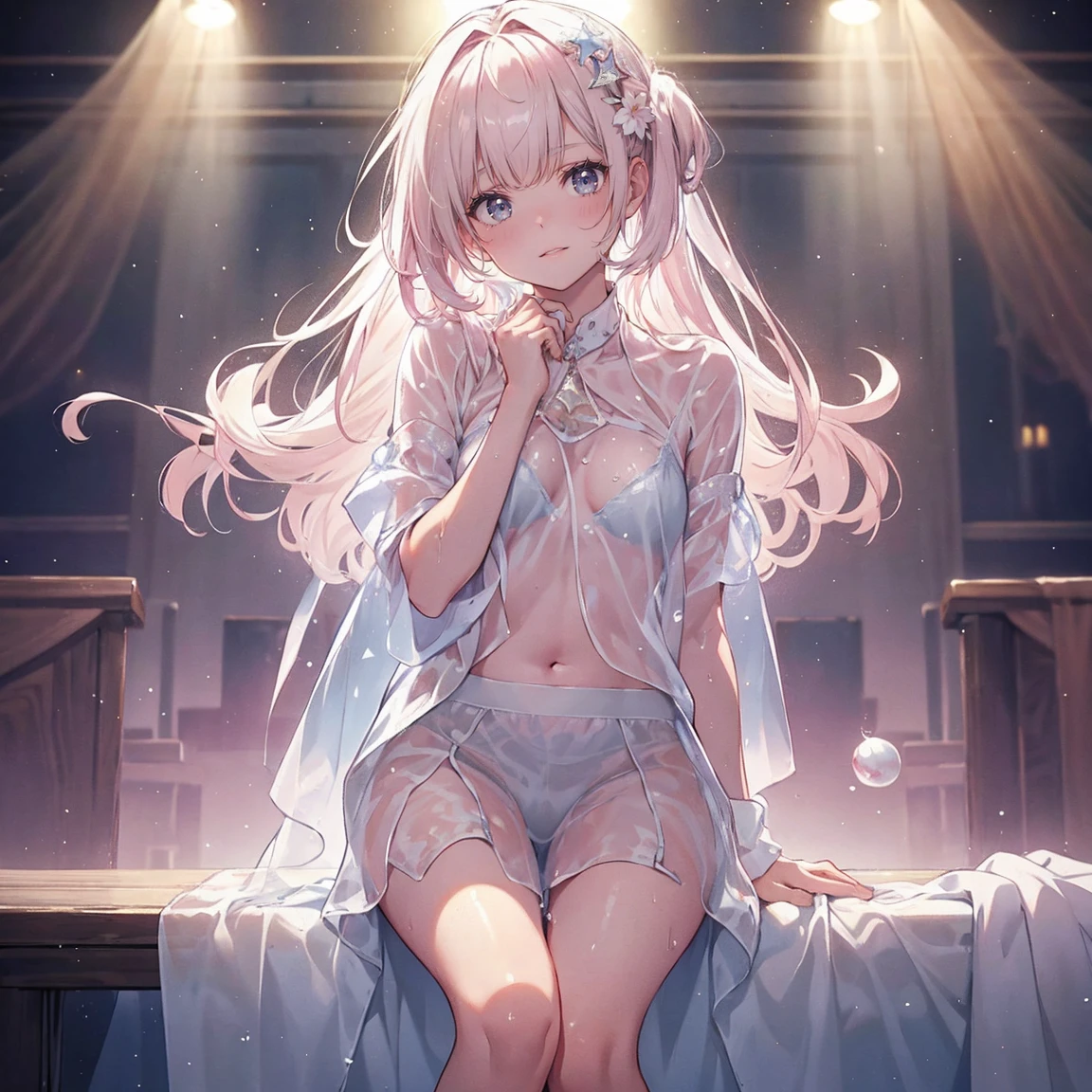Highest quality,Masterpiece,Wet,See-through clothing,White underwear,Soft Hair,Star-like pearl decoration,Feeling embarrassed,slim and smooth legs,Kindergarteners,Wet and see-through shirt,(((Are crying))),(((blush))),Watching the audience,