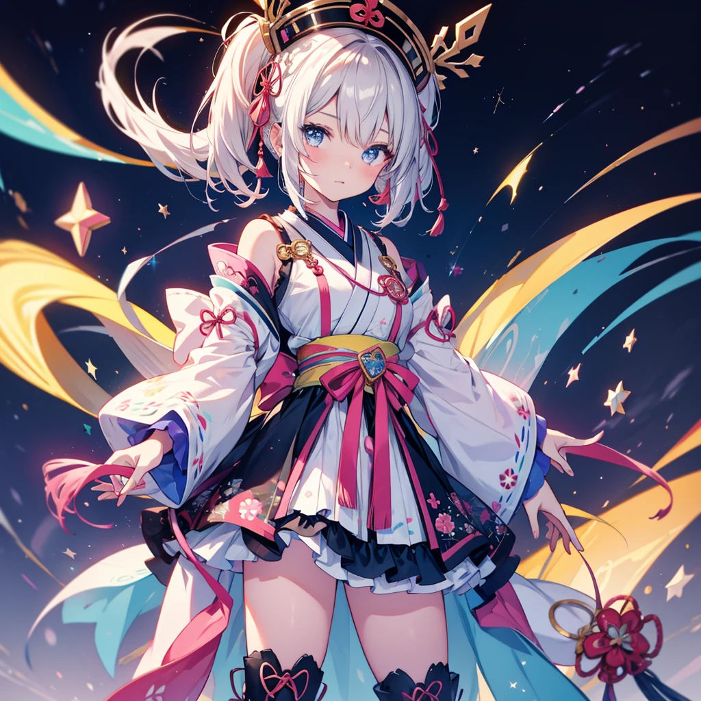 1girl、vtuber-fullbody、Star Fairy、Masterpiece、Official Art、Super detailed、super beautiful、かわいいStar Fairy、white straight short hair、Milky Way、universe、star charm、Star、Baby Face、Knee-high boots、Japanese pattern dress、A beautiful girl wearing black and white clothes that are a remake of a yukata.、universeを思わせるOiranフリルドレス、Oiran,Colorful portraits