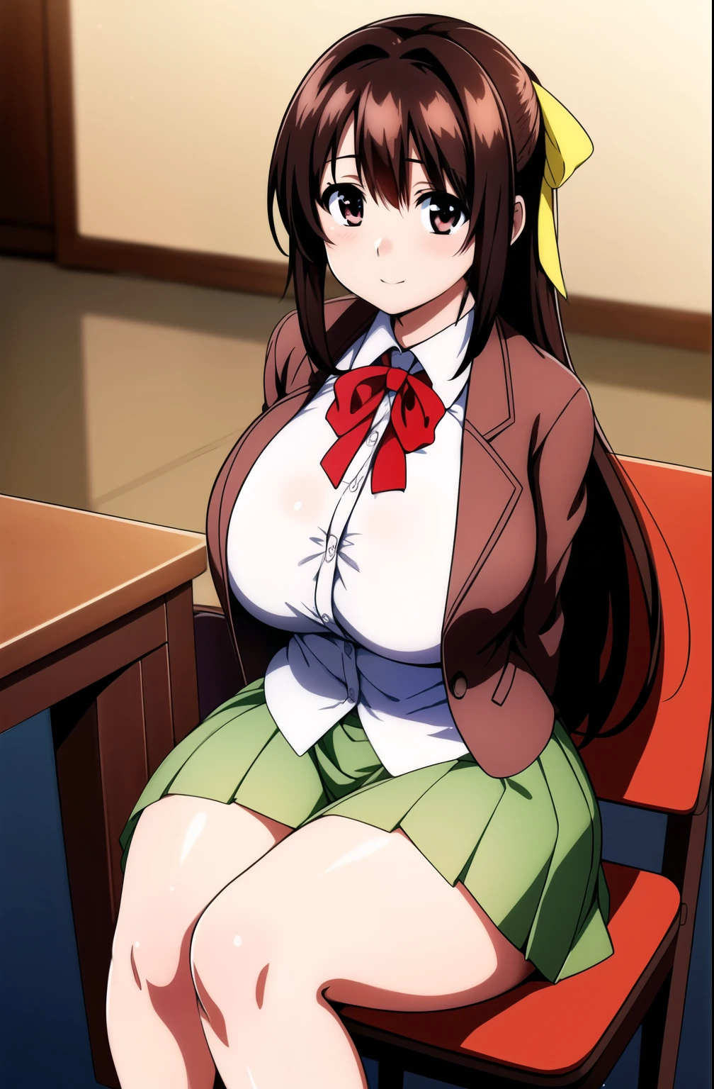 at the school,
sitting at attention,sitting on a chair,
brown_jacket,White collared shirt, Green_pleated_skirt,,  red ribbon, 
big eyes,brown_hair,hair_between_eyes, long_hair,brown_eyes, hair ribbon,  
1 girl, 30yo,mature female,Beautiful Finger,Beautiful long legs,Beautiful body,Beautiful Nose,Beautiful character design, perfect eyes, perfect face,
looking at viewer,light_Smile,
NSFW,official art,extremely detailed CG unity 8k wallpaper, perfect lighting,Colorful, Bright_Front_face_Lighting,
(masterpiece:1.0),(best_quality:1.0), ultra high res,4K,ultra-detailed,
photography, 8K, HDR, highres, absurdres:1.2, Kodak portra 400, film grain, blurry background, bokeh:1.2, lens flare, (vibrant_color:1.2)
(Beautiful,Large_Breasts:1.4), (beautiful_face:1.5),(narrow_waist), tight thong, buttcrack, big ass, thick thighs, 