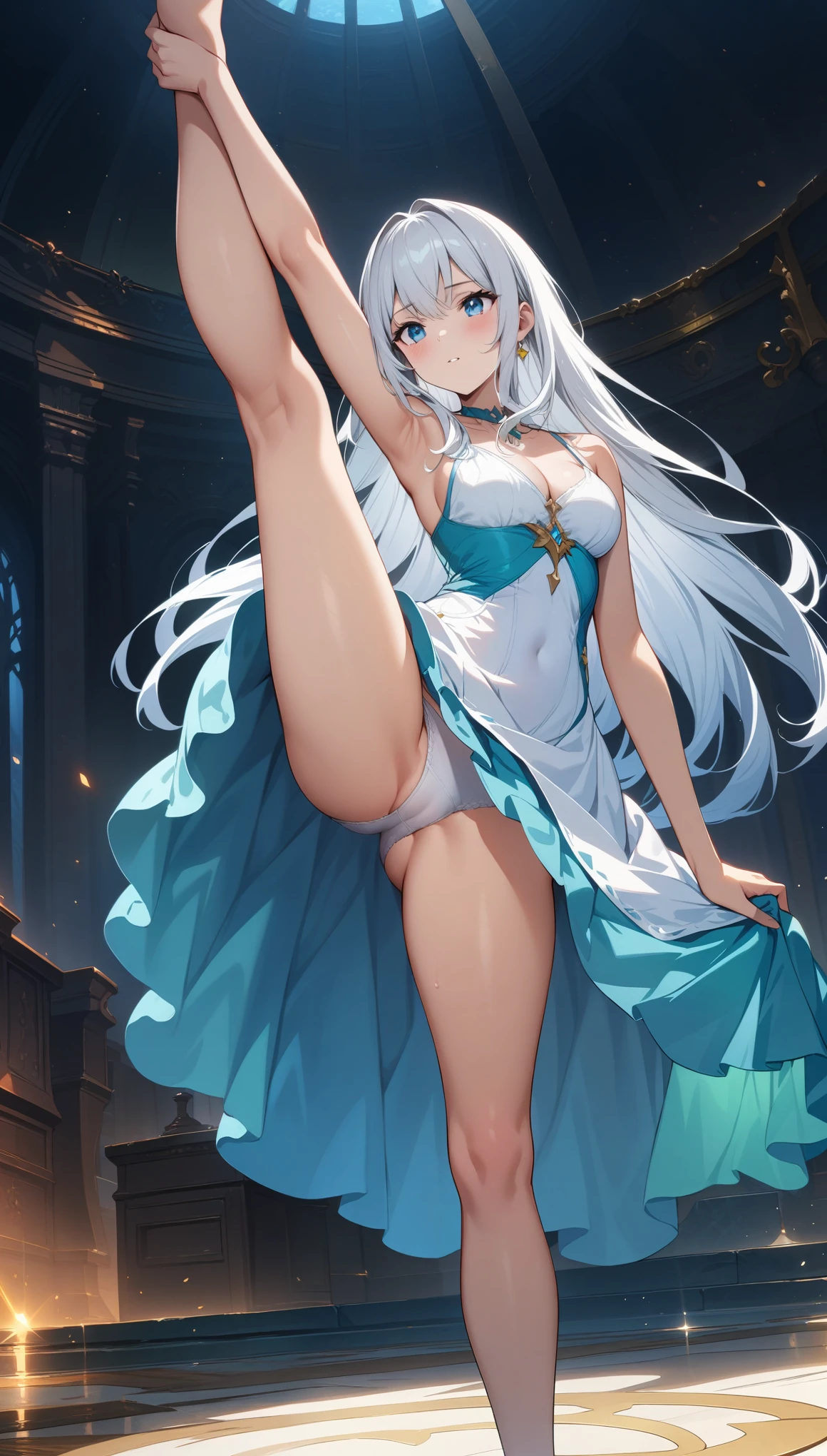 32k, best quality, ultra high res, HDR, UHD, extremely detailed CG, unity 32k wallpaper, (masterpiece, highest quality:1.2), 1 Girl, , alone,Are standing_Split, Long Hair, White Hair, White Dress, White underwear,