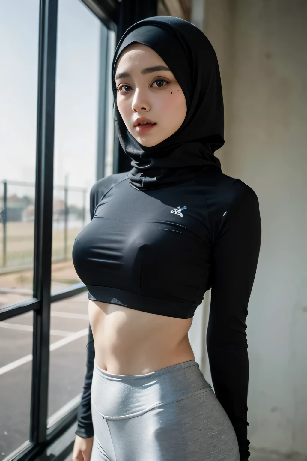 8k CG masterpiece, meticulously crafted with the best quality, showcasing exquisite photographic realism. Every detail of her beautifully made-up face comes alive, from her smokey eyeshadow to her elegant long eye lashes framing her beautiful big eyes. The hijab she wears is intricately designed, with a loose and fluid hijab style, the fabric gently draped around her, and the satin material reflecting the soft diffused lighting.
She's captured in a full-length frame, her figure athletic and toned, dressed in a tight and clingy long sleeve soccer jersey and leggings. Sweat glistens, playing soccer in the soccer court