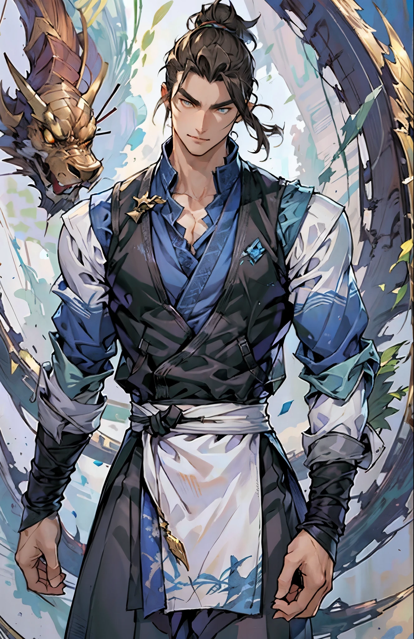 A man with short brown hair slicked back, topknot hairstyle, small center-parted fringe, deep eyes, straight eyebrows, long face, playful smile, a azure blue fantasy-style cloth vest jacket over a long-sleeved white undershirt, a black waistband, coarse cloth trousers the backdrop of a fantasy-style border outpost, this character embodies a finely crafted fantasy martial arts-style outpost worker in anime style, exquisite and mature manga art style, high definition, best quality, highres, ultra-detailed, ultra-fine painting, extremely delicate, professional, perfect body proportions, golden ratio, anatomically correct, symmetrical face, extremely detailed eyes and face, high quality eyes, creativity, RAW photo, UHD, 32k, Natural light, cinematic lighting, masterpiece-anatomy-perfect, masterpiece:1.5