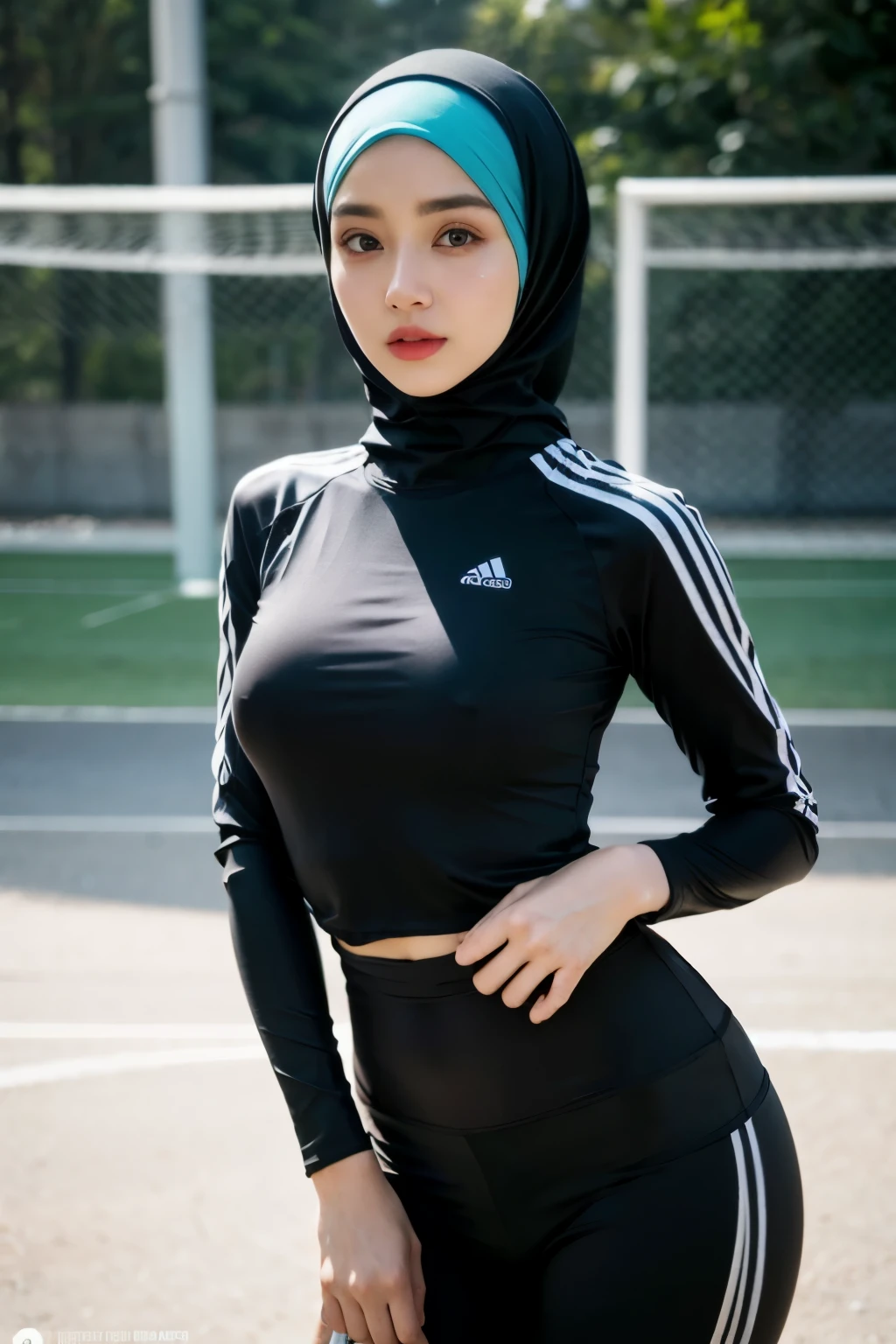 8k CG masterpiece, meticulously crafted with the best quality, showcasing exquisite photographic realism. Every detail of her beautifully made-up face comes alive, from her smokey eyeshadow to her elegant long eye lashes framing her beautiful big eyes. The hijab she wears is intricately designed, with a loose and fluid hijab style, the fabric gently draped around her, and the satin material reflecting the soft diffused lighting.
She's captured in a full-length frame, her figure athletic and toned, dressed in a tight and clingy long sleeve soccer jersey and leggings. Sweat glistens, playing soccer in the soccer court