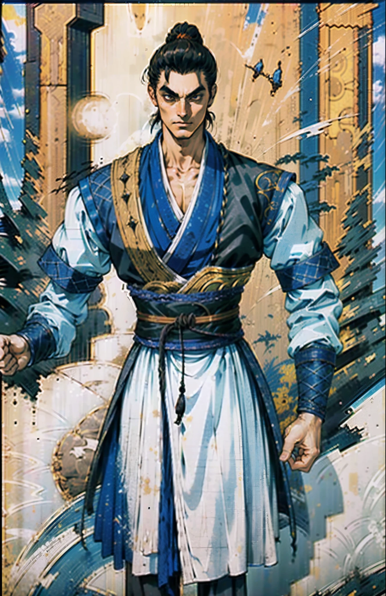 A man with short brown hair slicked back, topknot hairstyle, small center-parted fringe, deep eyes, straight eyebrows, long face, playful smile, a azure blue fantasy-style cloth vest jacket over a long-sleeved white undershirt, a black waistband, coarse cloth trousers the backdrop of a fantasy-style border outpost, this character embodies a finely crafted fantasy martial arts-style outpost worker in anime style, exquisite and mature manga art style, high definition, best quality, highres, ultra-detailed, ultra-fine painting, extremely delicate, professional, perfect body proportions, golden ratio, anatomically correct, symmetrical face, extremely detailed eyes and face, high quality eyes, creativity, RAW photo, UHD, 32k, Natural light, cinematic lighting, masterpiece-anatomy-perfect, masterpiece:1.5