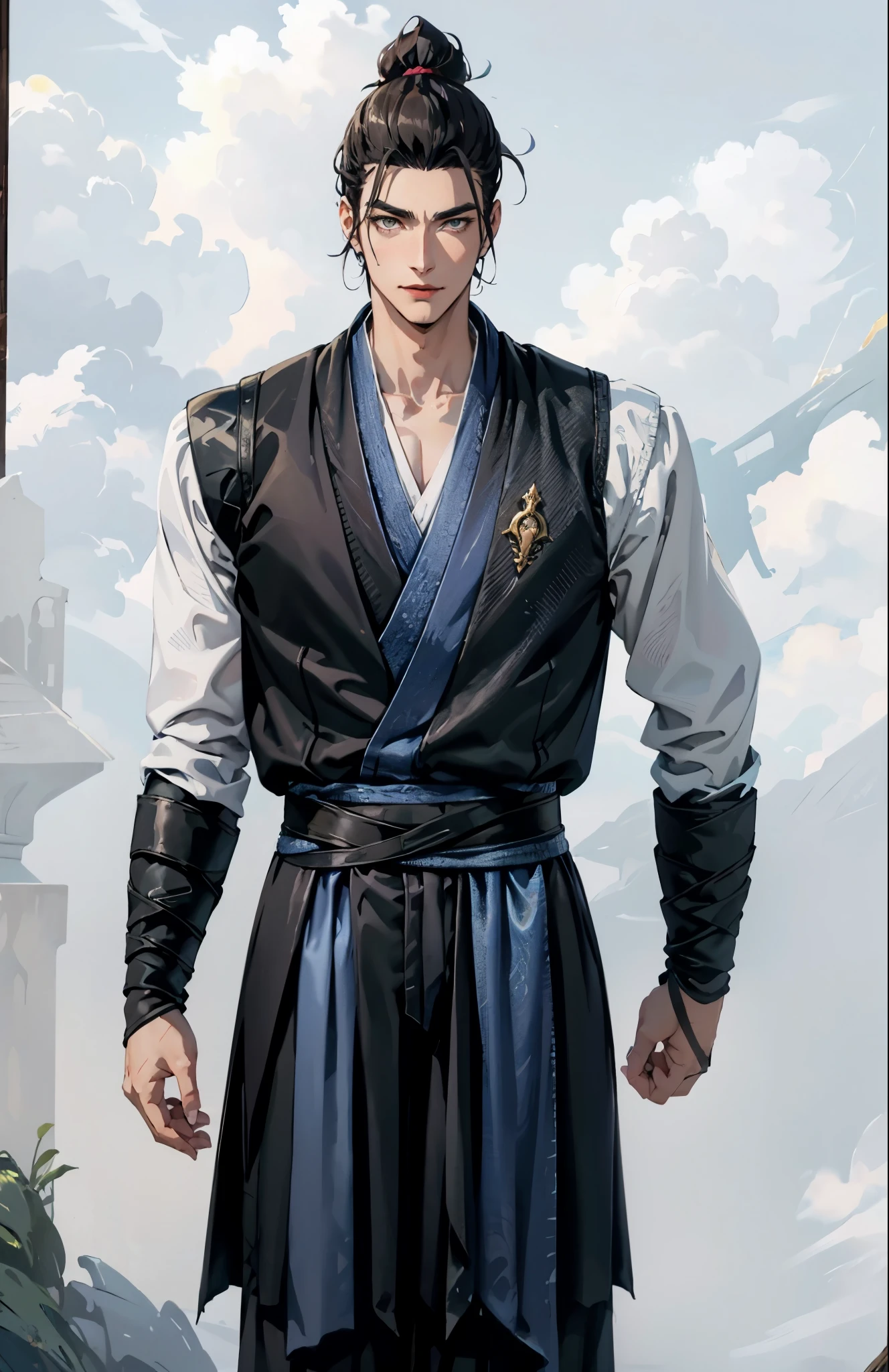 A man with short brown hair slicked back, topknot hairstyle, small center-parted fringe, deep eyes, straight eyebrows, long face, playful smile, a azure blue fantasy-style cloth vest jacket over a long-sleeved white undershirt, a black waistband, coarse cloth trousers the backdrop of a fantasy-style border outpost, this character embodies a finely crafted fantasy martial arts-style outpost worker in anime style, exquisite and mature manga art style, high definition, best quality, highres, ultra-detailed, ultra-fine painting, extremely delicate, professional, perfect body proportions, golden ratio, anatomically correct, symmetrical face, extremely detailed eyes and face, high quality eyes, creativity, RAW photo, UHD, 32k, Natural light, cinematic lighting, masterpiece-anatomy-perfect, masterpiece:1.5