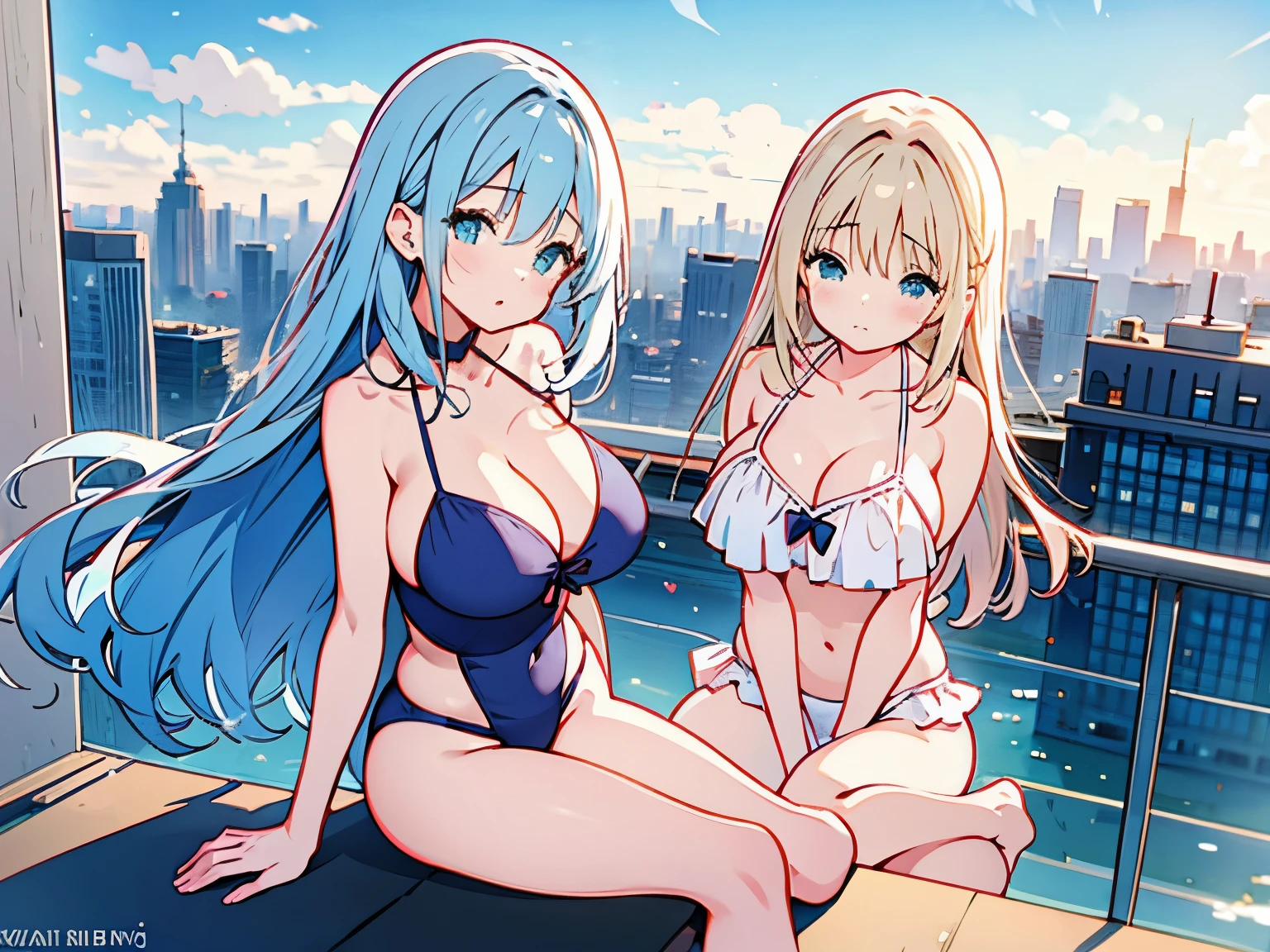 Cute Girls Big breasted Swimwear Above a high-rise building evening Overlooking Light blue long hair