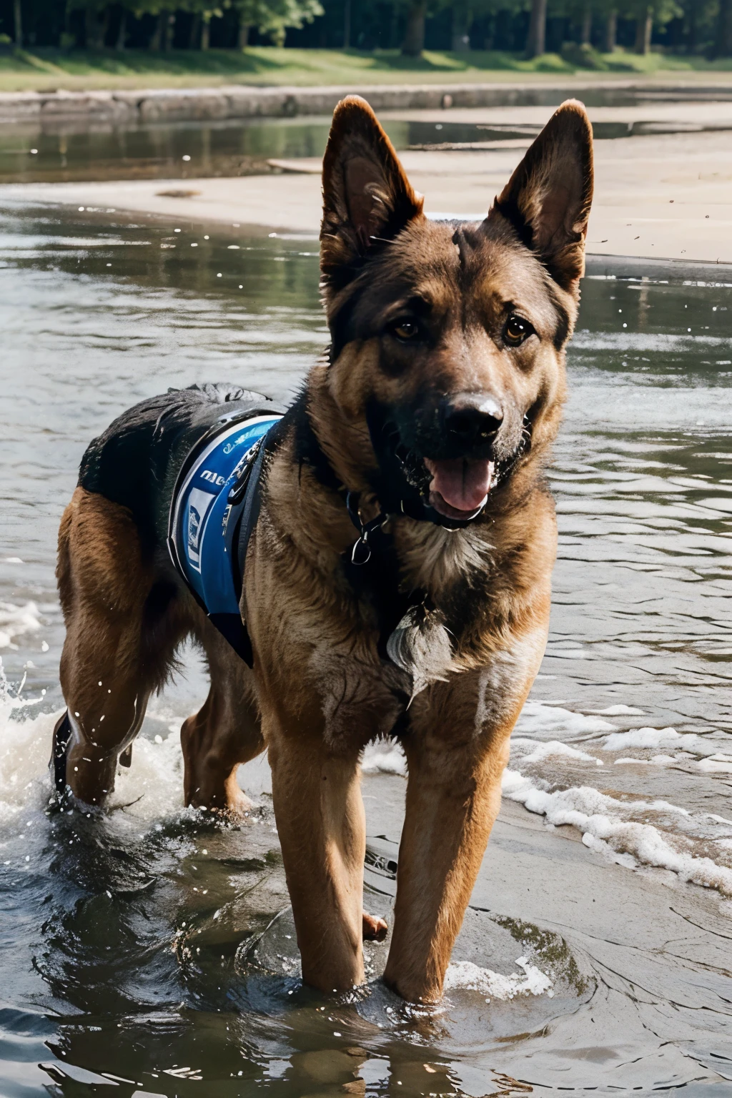 A realistic photo of a German Shephard dog playing in water