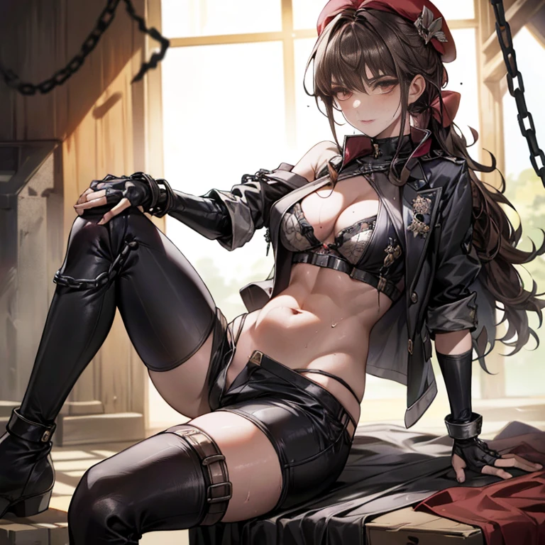 ubel,dark green hair,long hair,side ponytail,hair between eyes,bangs, BREAK (beret, black jacket, open clothes, cleavage, midriff, black shorts, black thighhighs, thigh strap, fingerless gloves, single glove:1.2), Photo,sharpness, F1.6 lens,hyper-realistic textures,spectacular light textures, Cinestil 800 Fashion Mechanics,(((Beautiful woman with left leg restrained and hung by chains))),Appearance,Beautiful girl with accentuated slender abs: 1.1,six-pack abs: 1.1, Bust Botox,Standing on tiptoe, long legs,Long brown hair fluttering in the wind,Brown hair, Long hair, Female Warrior Costume,(No panties,No bra),(tacticul battle fashion,elbow and knee tacticul battle fashion, battle glove: 1.1),((cute batre costume)),The belly comes out and the navel is visible,Thin sheer costume, combat gloves,shredded costumes,cyber long combat boots with golden knee pads,Anatomical,(futuristic sci-fi battle fashion, new elbow and knee cyberpads, new cyberlong boots, new cybergloves: 1.1),(tied perfectly by iron chain), Restraint, Slave, collars, contempt, (Chained), 4 chains hung from heaven, Metallic shackles and fetters, wet crotch clearly visible,((Hands are restrained above the head)), the neck is chained,Chain from left knee to heaven,Chained by rusty iron chains,((the tip is protruding, areolas protruding,The shape of the pubic area is clearly visible:1.2)),Sweating,Wet,Wet crotch,Wet thighs,Junkyard, Realistic, (cute, perfect clothes, skimpy clothes, cute: 1.3) ,Vast miritary base in us,((wide mirtary hospital with summer sunlight)), peeling ceilings, Rebar between, Realistic material details, Extreme details, Ultra-realistic materials,narrow waist,(with sparkling eyes and a contagious smile:0.9),looking at viewer,