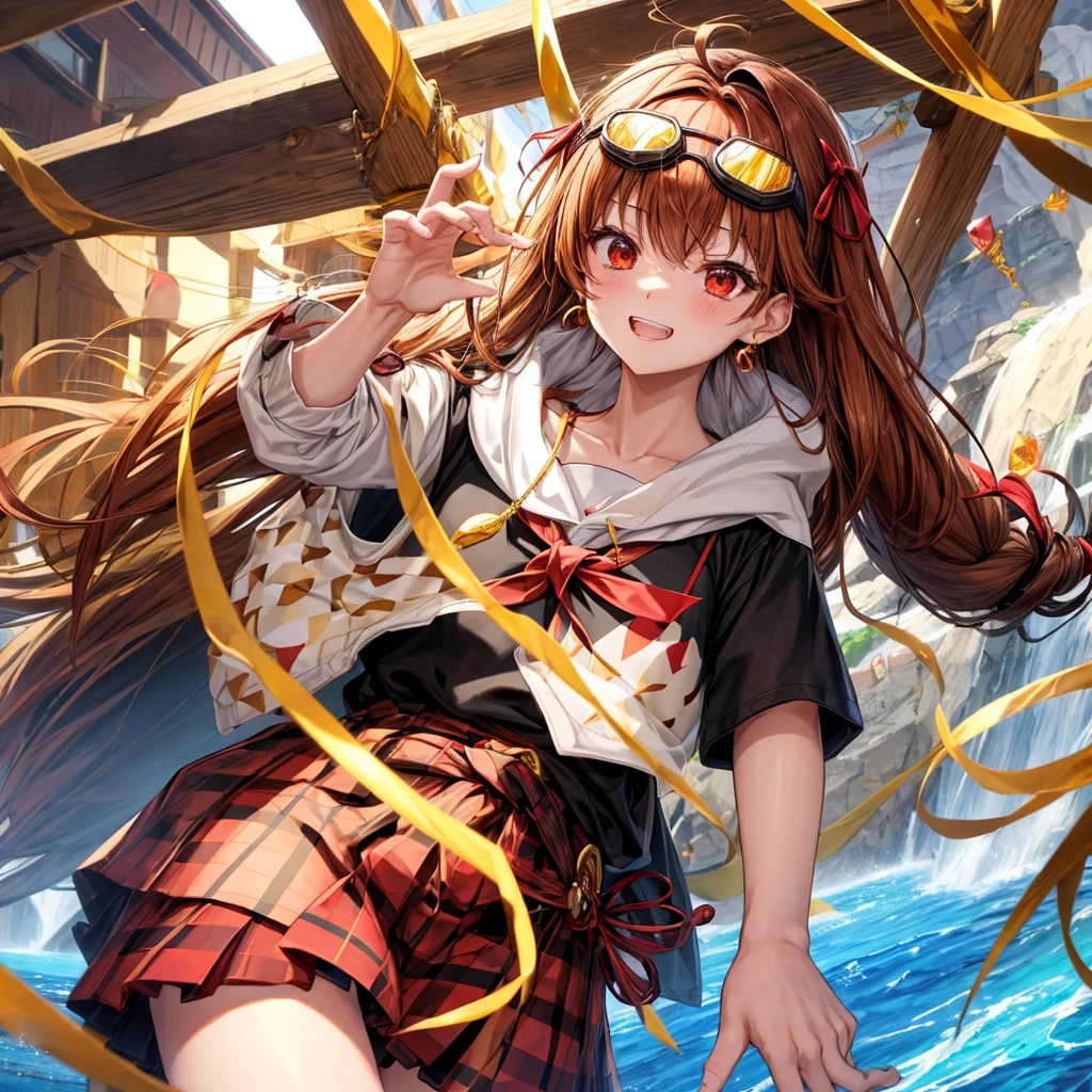 Brown, red, gold, golden hair、Red eyes、One good looking girl、solo、anime、Checkered mini skirt、Black camisole、Black T-shirt、hoodie、Wearing a ribbon、Ribbon on waist、Crystal Earrings、treasure石のネックレス、Light and shadow、Tilting face、Teeth are visible、Marble pillar、waterfall、Kind Face、Kuroko、treasure、wearing goggles on head、Feather coat
