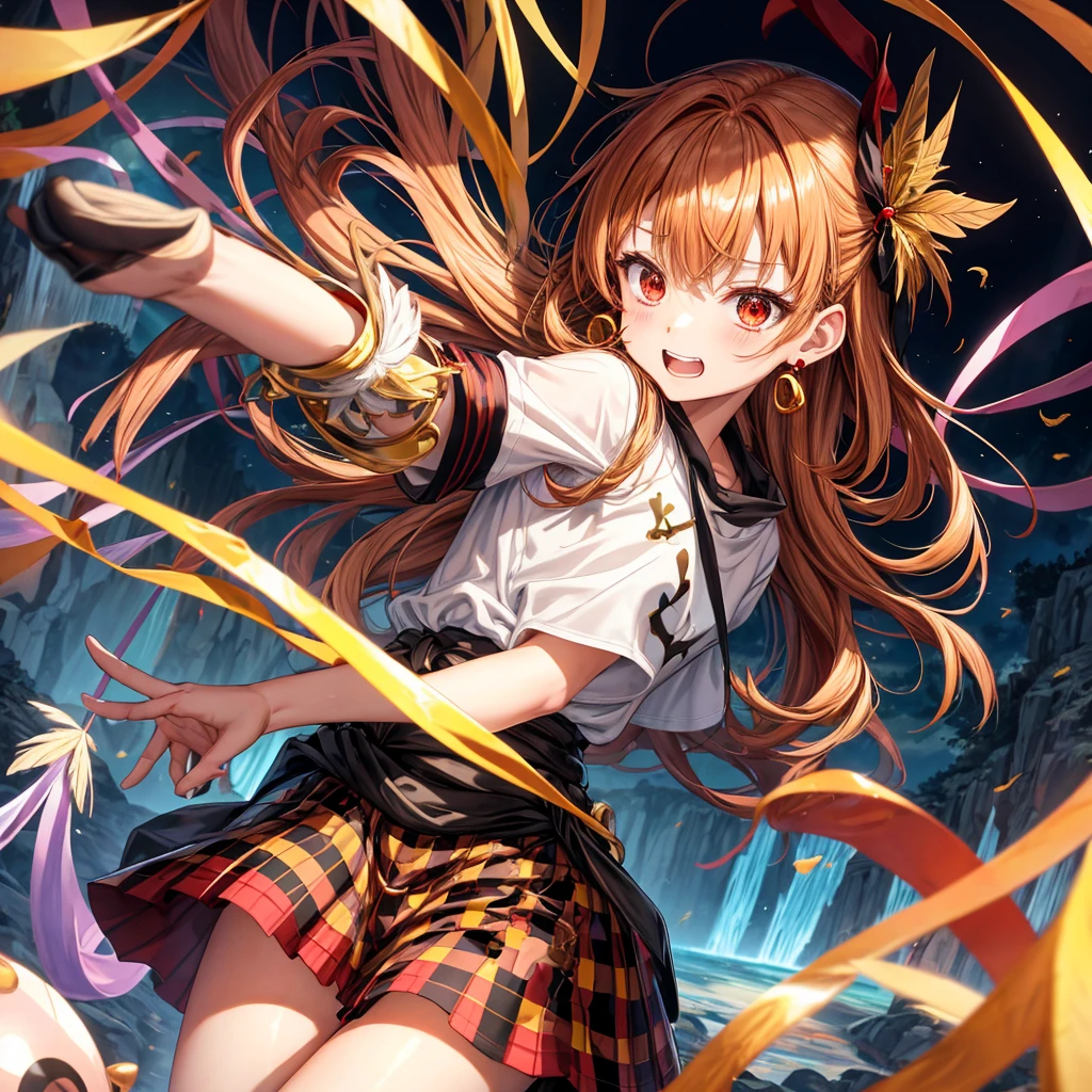 Brown, red, gold, golden hair、Red eyes、One good looking girl、solo、anime、Checkered mini skirt、Black camisole、Black T-shirt、hoodie、Wearing a ribbon、Ribbon on waist、Crystal Earrings、treasure石のネックレス、Light and shadow、Tilting face、Teeth are visible、Marble pillar、waterfall、Kind Face、Kuroko、treasure、wearing goggles on head、Feather coat