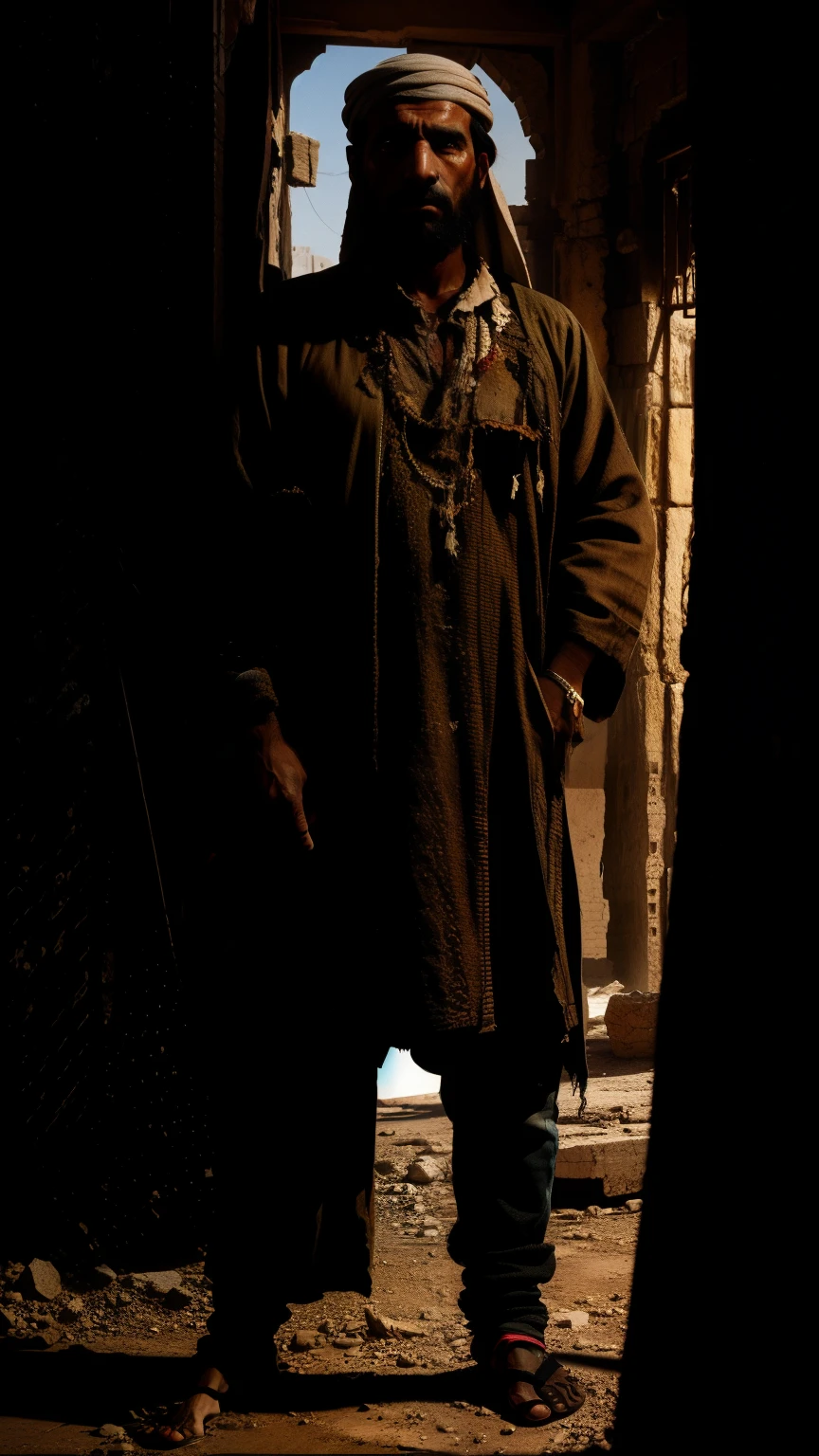 unreal engine, a poor arab man standing proudly while wearing old torn out clothes with stiches