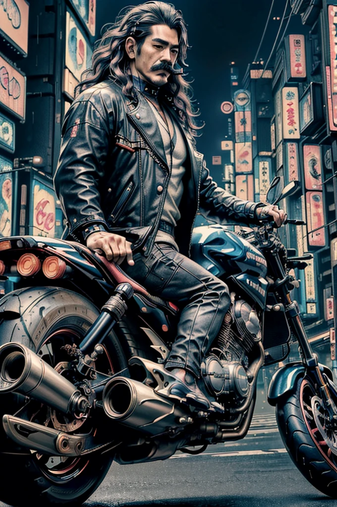 (Best Quality, 8k, 32k, Masterpiece, UHD: 1.3), (Pictures of Japan Attractive Man with mustache), (Cyberpunk: 1.4), (Realism: 1.4), (Best Quality: 1.0), (Super-Resolution: 1.0), 8K, RAW Photos, (Masterpiece: 0.2), Ultra Detail, One man with mustache, ((Big: 1.4)), (Long Wavy Hair), riding sport motocycle