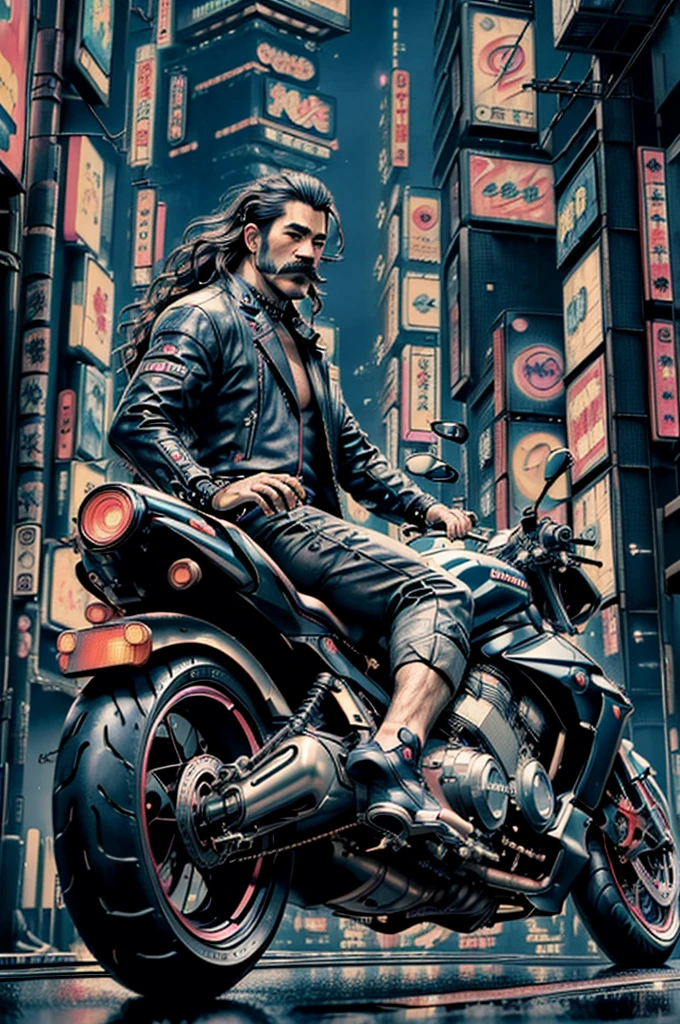 (Best Quality, 8k, 32k, Masterpiece, UHD: 1.3), (Pictures of Japan Attractive Man with mustache), (Cyberpunk: 1.4), (Realism: 1.4), (Best Quality: 1.0), (Super-Resolution: 1.0), 8K, RAW Photos, (Masterpiece: 0.2), Ultra Detail, One man with mustache, ((Big: 1.4)), (Long Wavy Hair), riding sport motocycle