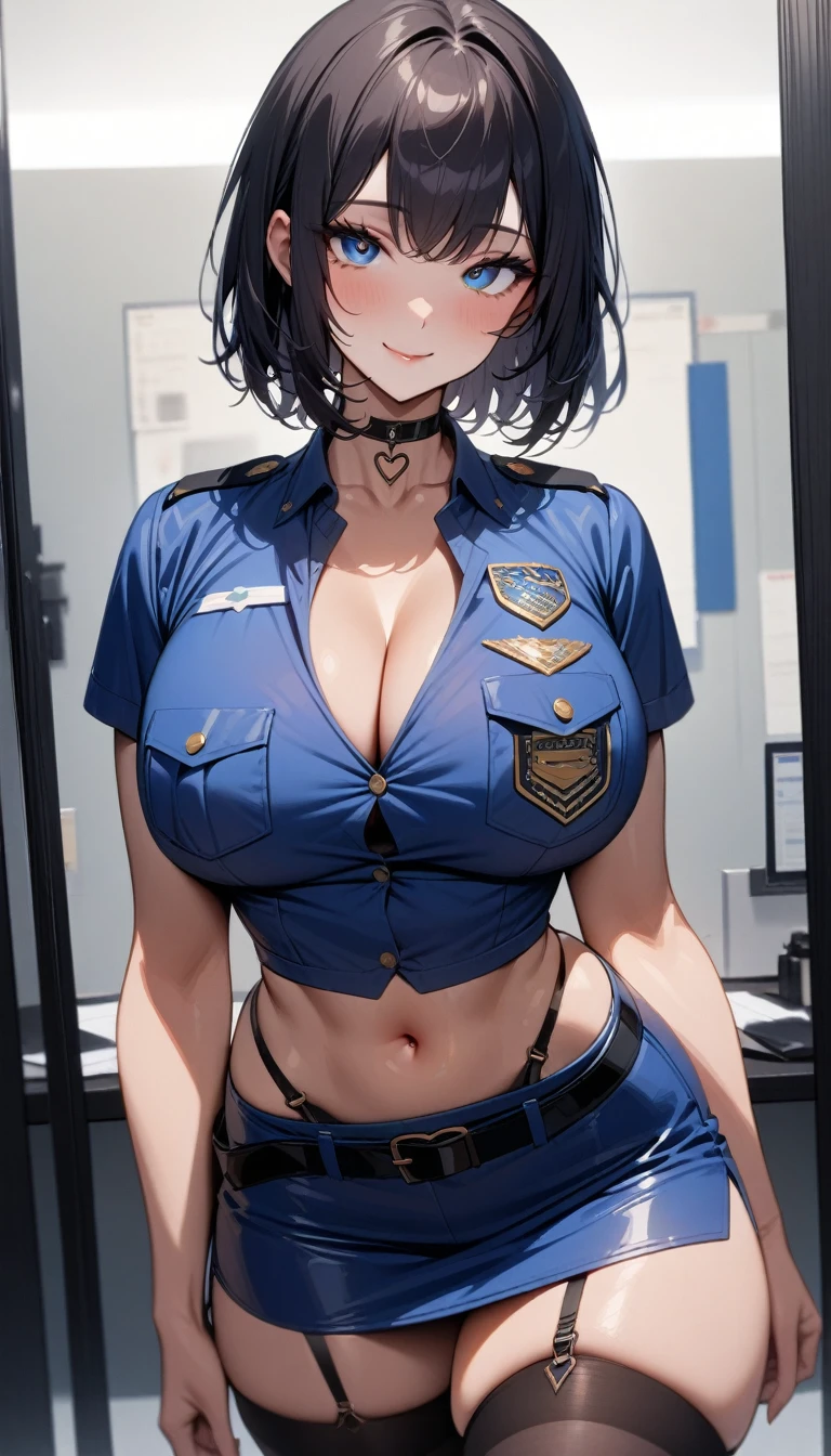 masterpiece, high quality, detailed eyes, 
1girl, solo,black medium hair, bobcut, bangs,  (large breast1.0), (voloptuous:1.2), (thick thighs:0.7), tall, leggy, light smile, (muscular:0.9), 
looking at viewer, (contrapposto:1.0),cowboy shot (office:1.1), police uniform,arm badge, chest badge, button, short sleeves, breast pocket, belt, cleavage, Cropped tops, blue short Pencil Skirt, navel, garter strap, black thighhighs, navel, heart earing, choker, thigh strap, covered nipple, 