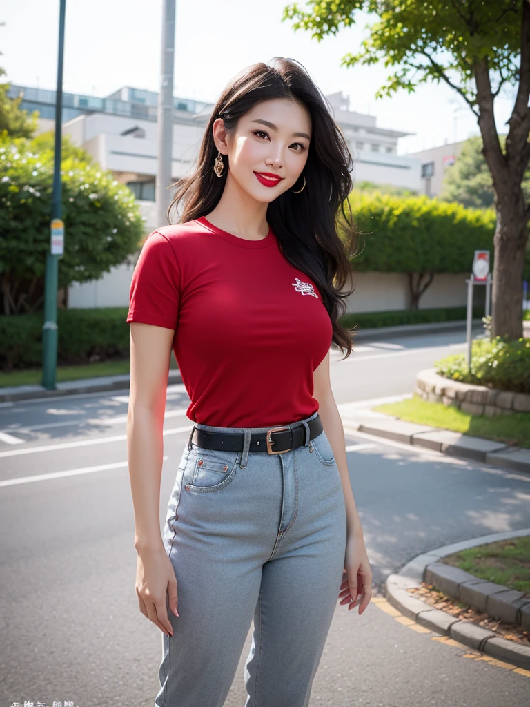 Draw lips correctly, red lipstick, from chest up, best quality, Super detailed, lifelike, Super fine skin, perfect anatomy, (1 Japanese Mature woman), (alone)，Wear a red shirt，short sleeves，white jeans、trousers，black belt，wavy long hair，37-year-old female，Mature，charming smile，outdoor background，stand，Leg length，Chubby，Big breasts，stand up，full-body shot