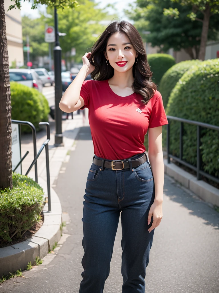 Draw lips correctly, red lipstick, from chest up, best quality, Super detailed, lifelike, Super fine skin, perfect anatomy, (1 Japanese Mature woman), (alone),Wear a red shirt,short sleeves,white jeans、trousers,black belt,wavy long hair,37-year-old female,Mature,charming smile,outdoor background,stand,Leg length,Chubby,Big breasts,stand up,full-body shot