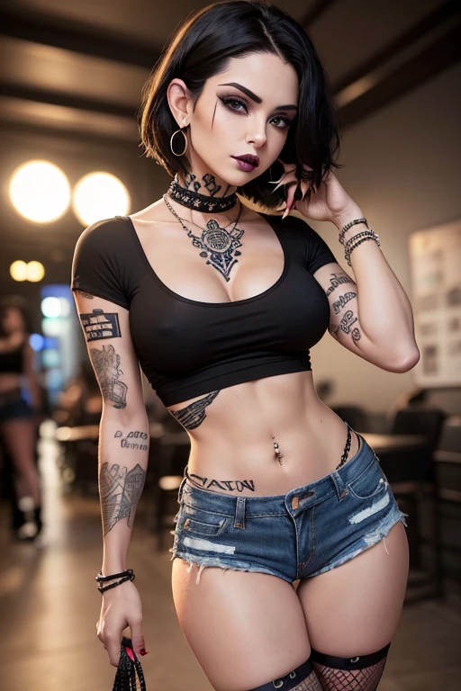 (masterpiece), best quality, expressive eyes, perfect face, (rock concert background), (walking), (cleavage closeup view), (smirk), (1girl, american, pale white skin, dark black hair, short straight hair, brown eyes, black lips, black lipstick, black eye shadow, black makeup, face tattoo, hourglass figure, skinny body, thin body, petite_body, cleavage tattoos, thigh tattoos, short height, small breasts, thick thighs, black fingernails, nose piercing, black t-shirt, spike chocker, spike bracelets, black earrings, denim minishorts, fishnet stockings, black heels), 