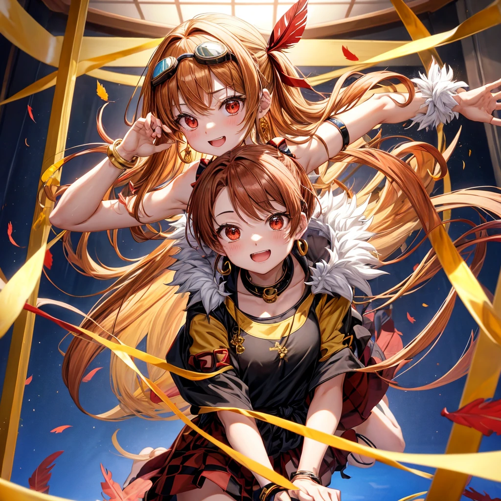 Brown, red, gold, golden hair、Red eyes、One good looking girl、solo、anime、Checkered mini skirt、Black camisole、Black T-shirt、hoodie、Wearing a ribbon、Ribbon on waist、Crystal Earrings、treasure石のネックレス、Light and shadow、Tilting face、Teeth are visible、Marble pillar、The floor is reflecting、Kind Face、Kuroko、treasure、wearing goggles on head、Feather coat