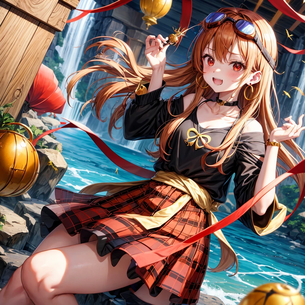 Brown, red, gold, golden hair、Red eyes、One good looking girl、solo、anime、Checkered mini skirt、Black camisole、Black T-shirt、hoodie、Wearing a ribbon、Ribbon on waist、Crystal Earrings、treasure石のネックレス、Light and shadow、Tilting face、Teeth are visible、Marble pillar、waterfall、Kind Face、Kuroko、treasure、wearing goggles on head、Feather coat