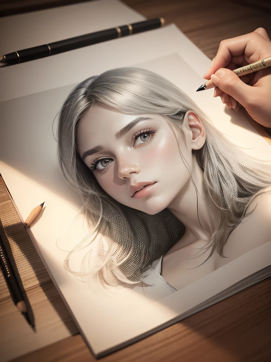 draw with a pencil,In the scribbled paper,Pencil marks,Paper Texture,Hatching and shading,highest quality,Very detailed,Realistic,Studio Lighting,Portraiture,Vibrant colors,Warm tones,Soft and natural lighting