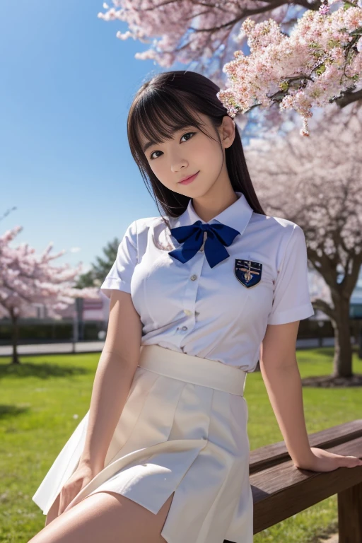 8k,masterpiece,Japanese,-yeld gifrom the front,Innocent face,Navy blue uniforms of Japanese junior high schools, semi-long,noon,bright,Cherry tree,Very large breasts,Big Breasts,I can see my white underwear from the bottom of my skirt., Taken at the best angle