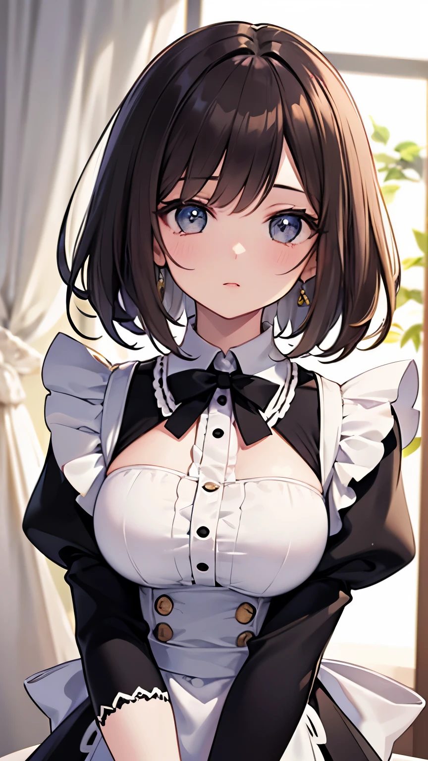 (White long sleeve shirt), (masterpiece),((Very detailed)), (Highly detailed CG illustrations),(highest quality),(One girl),High-quality texture, Intricate details, Detailed Texture, High Quality Shadows, Realistic facial expression, Beautiful and delicate face down to the last detail, Beautiful and delicate eyes, perfectly balanced face, Depth of written boundary, perspective,20th Generation, Narrow Face, (Big eyes:1.2), Perfect body, clear_image, (Shiny skin), Focus Only, (brown hair), Light source contrast, Maid clothes、British style maid、