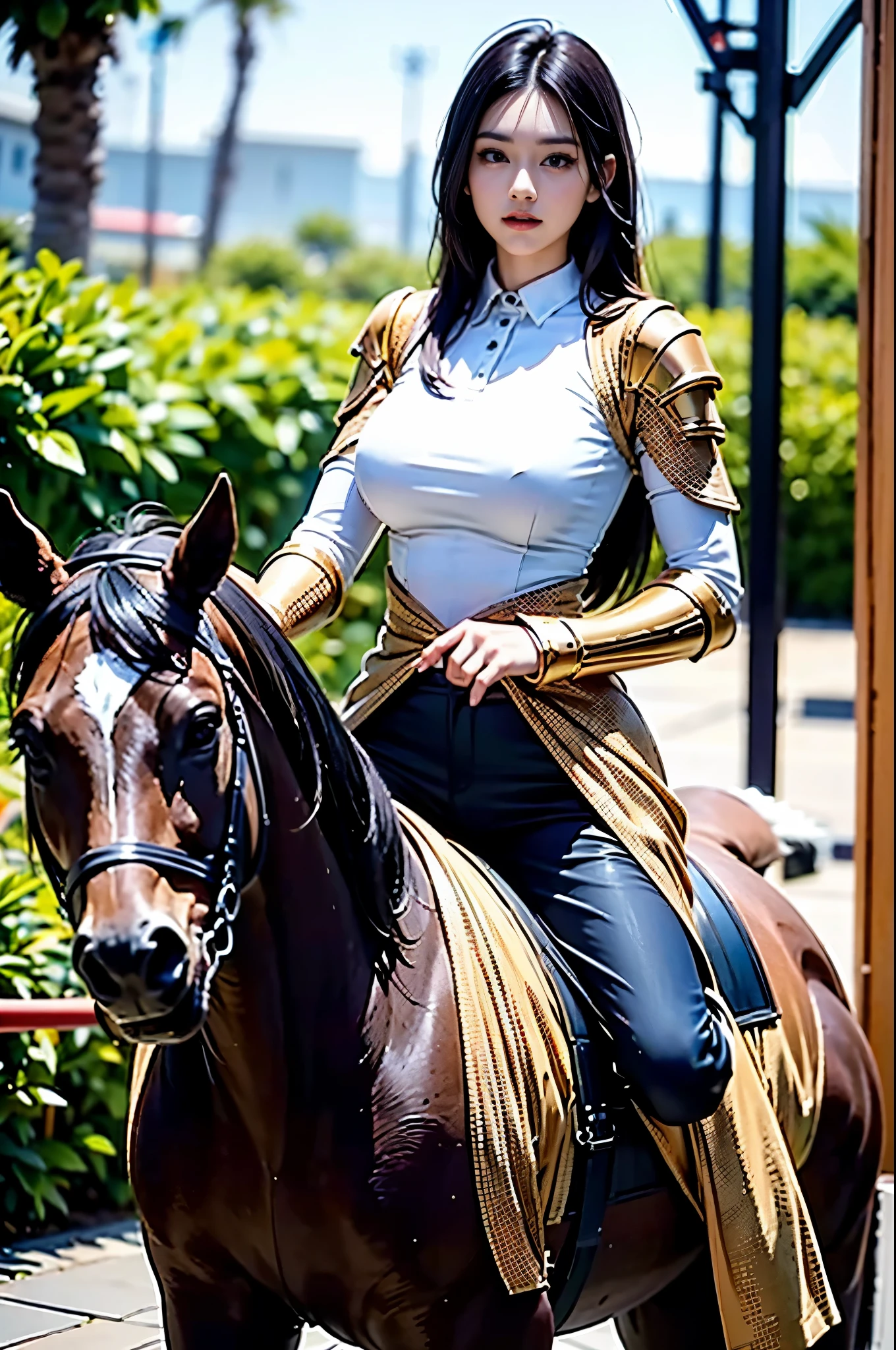 20 year old woman riding a horse, wearing light armor,pants,long black hair,perfect face, elegant body,