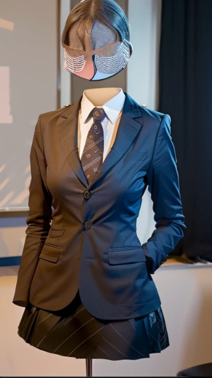 In the classroom, blazer, Striped tie, Checked skirt, (can not see, No humans, Headless, Faceless:1.5), Cute big tits, Standing posture, whole body,