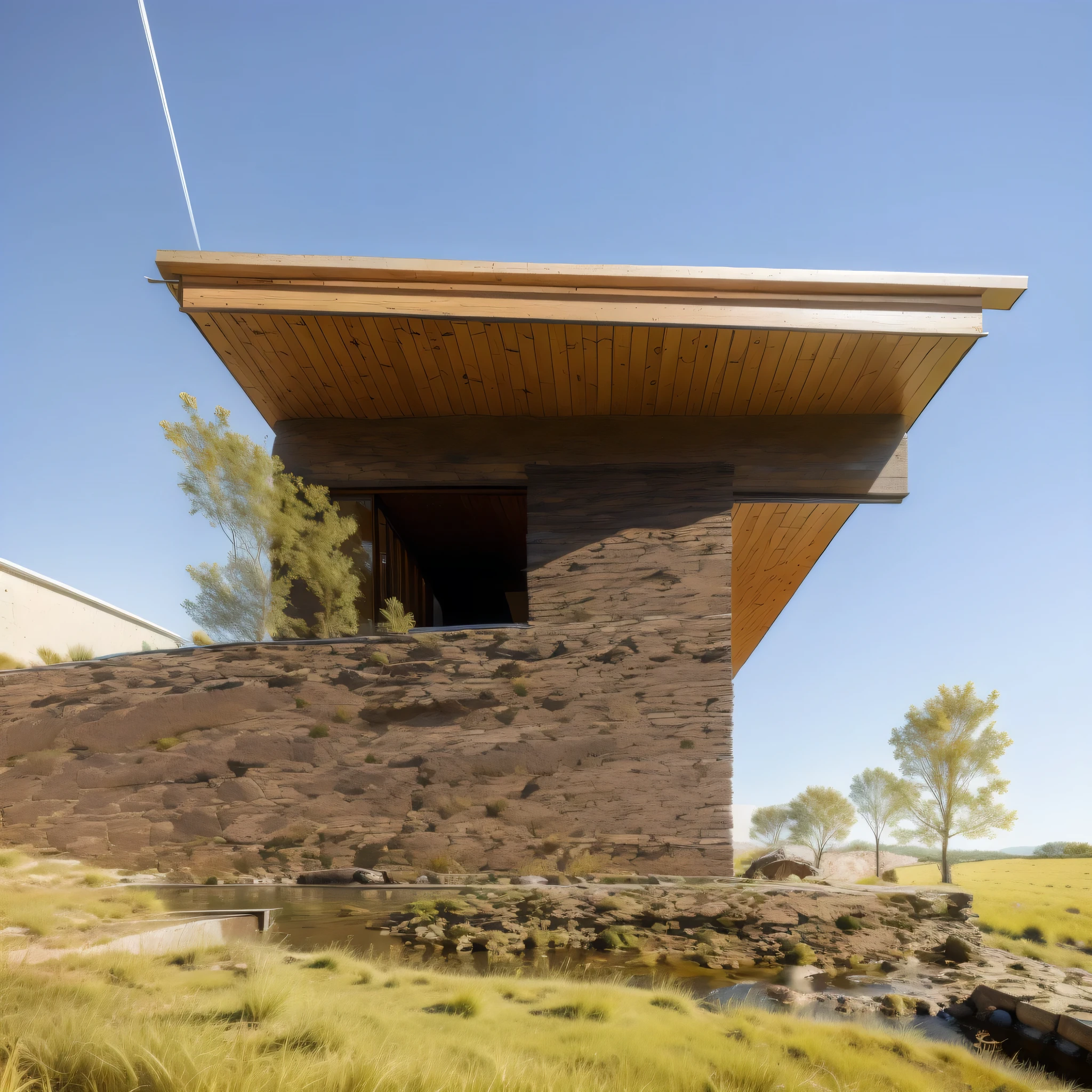 Rural house in a rocky environment with a stream in the foreground