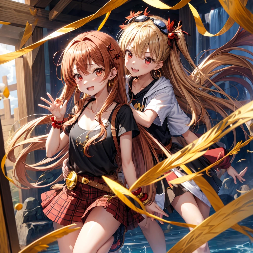 Brown, red, gold, golden hair、Red eyes、One good looking girl、solo、anime、Checkered mini skirt、Black camisole、Black T-shirt、hoodie、Wearing a ribbon、Ribbon on waist、Crystal Earrings、Gemstone Necklace、Light and shadow、Tilting face、Teeth are visible、waterfall、Kuroko、tunnel、pylon、Sunset sky、Towering、frilled lizard、light