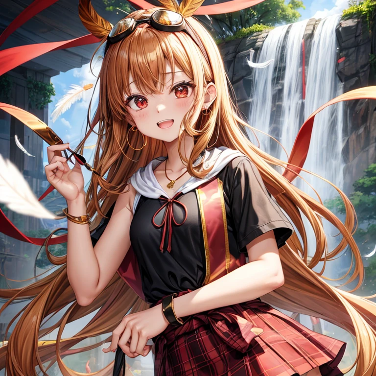 Brown, red, gold, golden hair、Red eyes、One good looking girl、solo、anime、Checkered mini skirt、Black camisole、Black T-shirt、hoodie、Wearing a ribbon、Ribbon on waist、Crystal Earrings、treasure石のネックレス、Light and shadow、Tilting face、Teeth are visible、Marble pillar、waterfall、Kind Face、Kuroko、treasure、wearing goggles on head、Feather coat