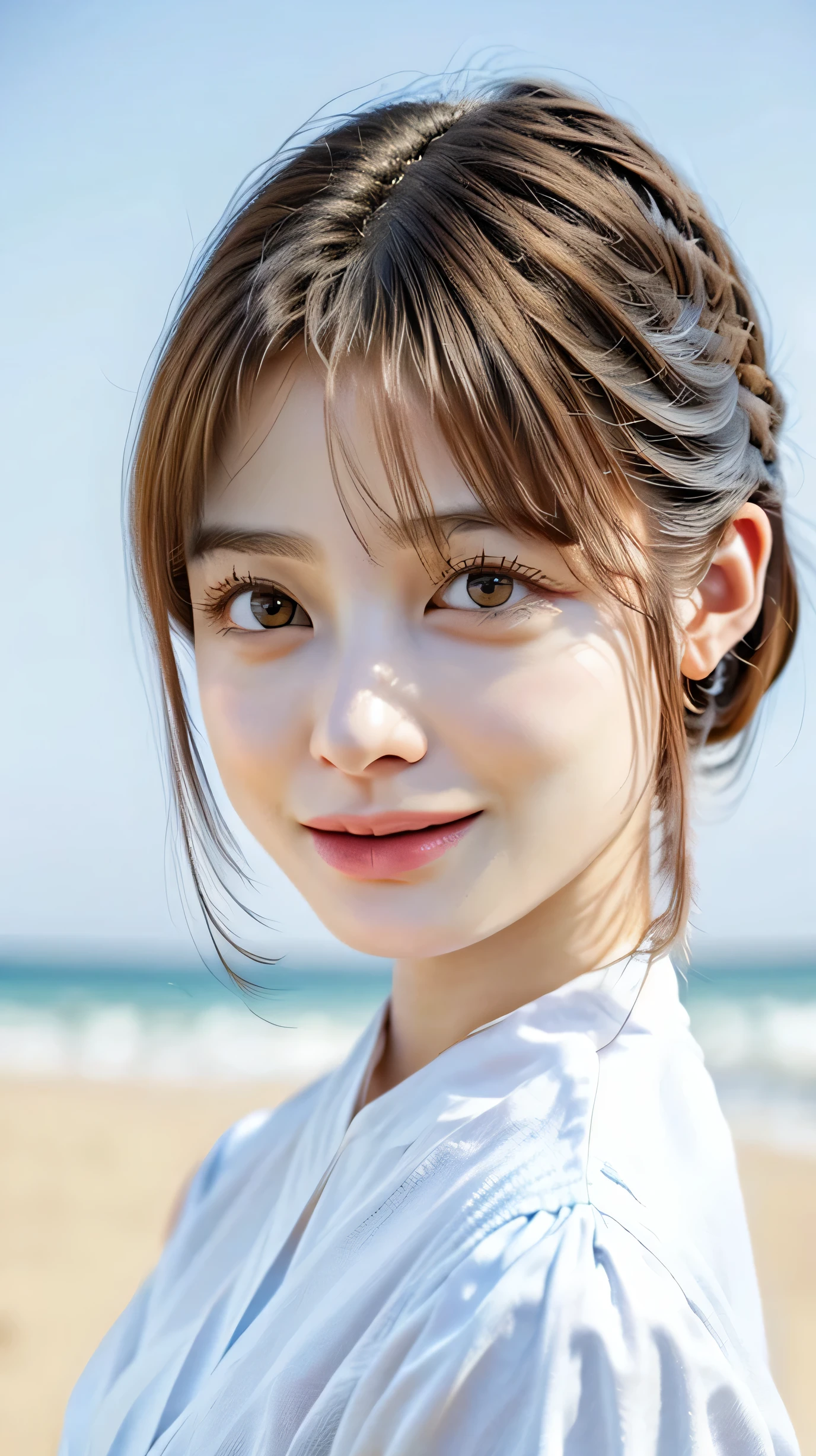 Please keep looking at me、Bright screen、light brown medium bob hair、8K、outdoor、blue sky、Upper body、Photographed alone、40 years old、smile