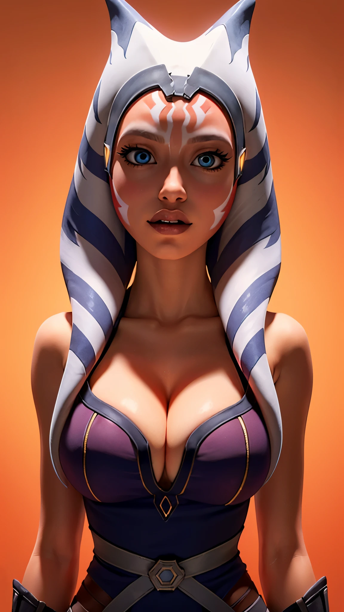 one girl, ahsoka tano, bust, (slender body:1.2), solo, upper body, blue eyes, orange skin, (big breasts, cleavage:1.3), bare shoulders, masterpiece, highly detailed, look at viewer, shiny blured orange background, gradient sprayed background, front view, gradient red purple background, blured background, glowing edges of image